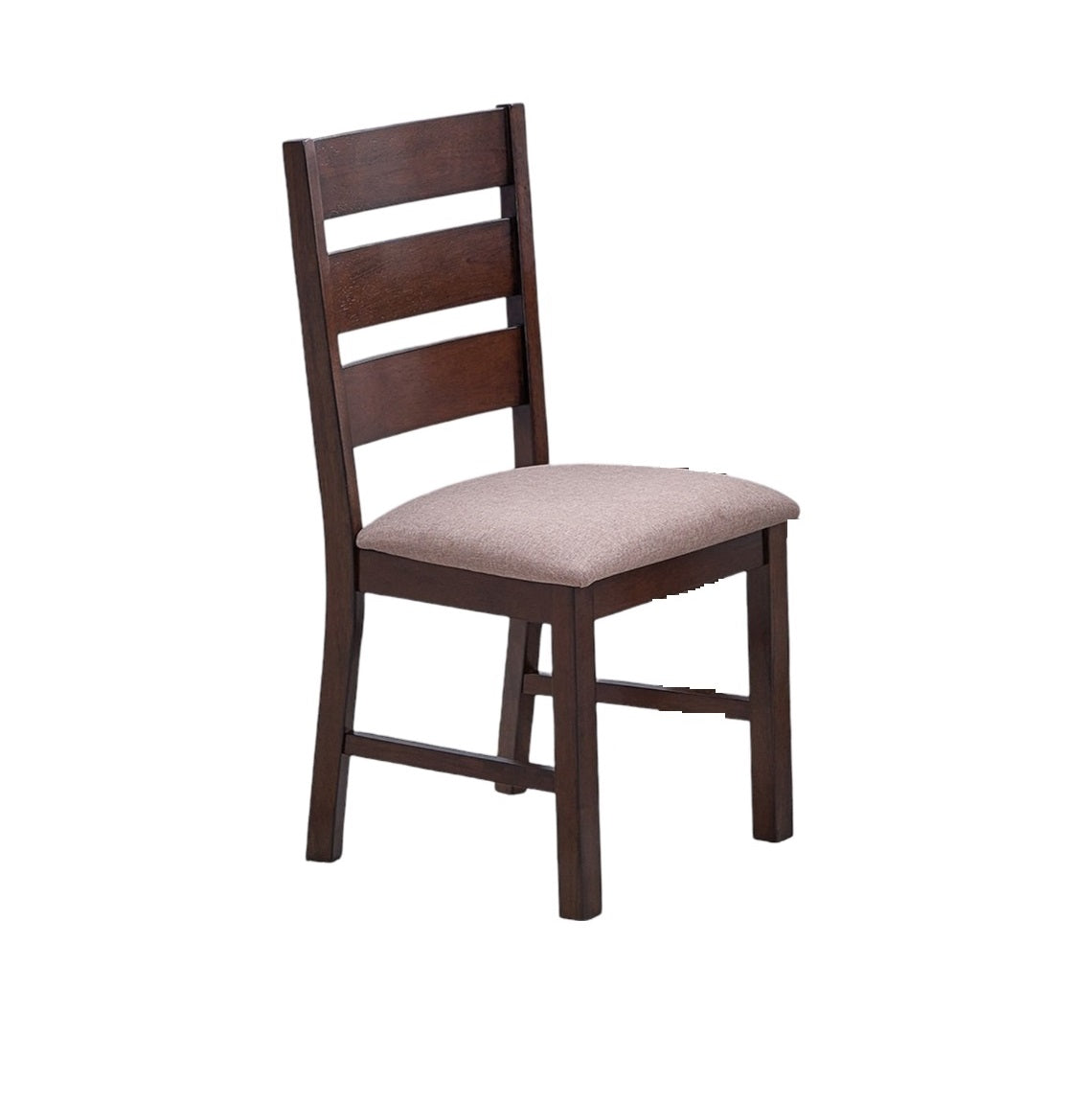 Dark wood dining chair with a light tan upholstered seat and three horizontal back slats