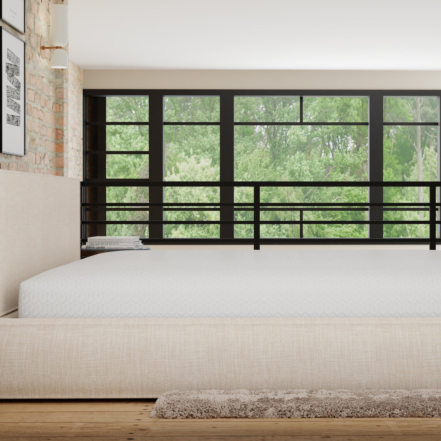 Beige upholstered platform bed frame with a white textured mattress