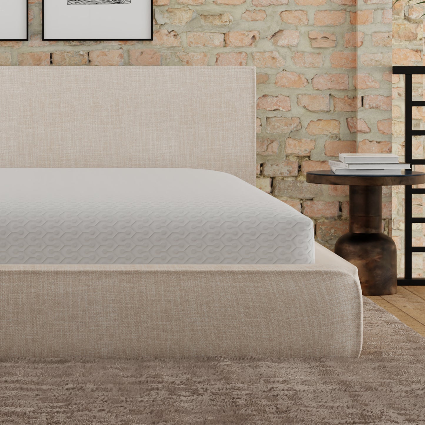 Comfortable beige upholstered bed frame with a white mattress featuring a hexagonal pattern perfect for modern bedrooms