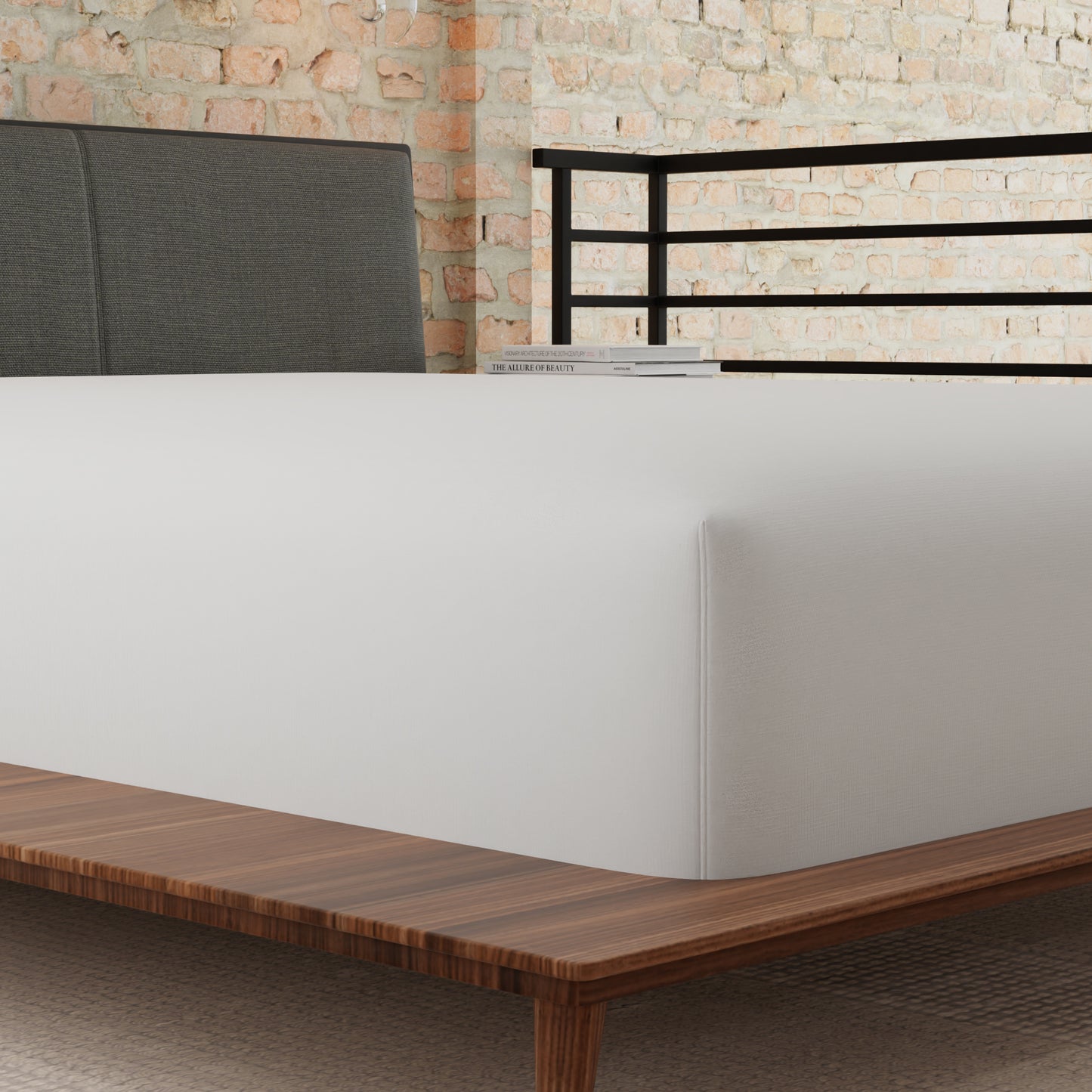 White linen fitted sheet on a modern platform bed with walnut wood frame
