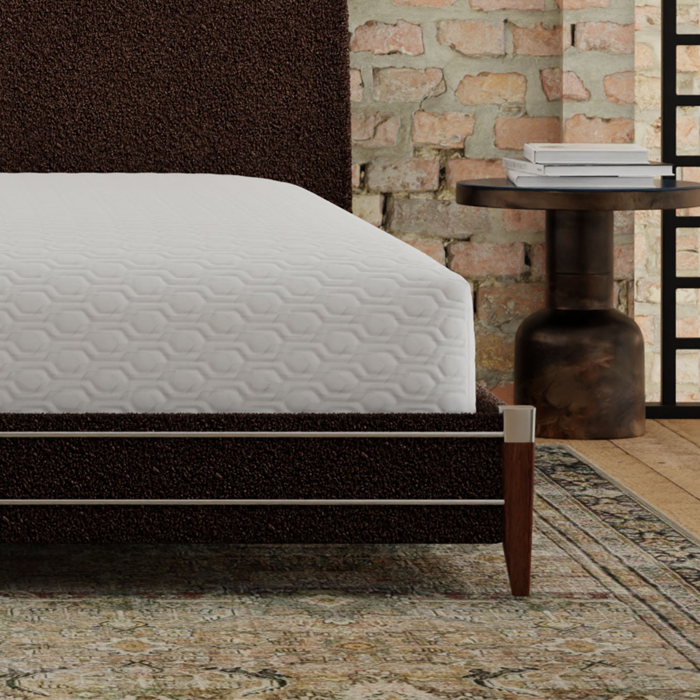 Plush dark brown velvet bed frame with a white quilted mattress