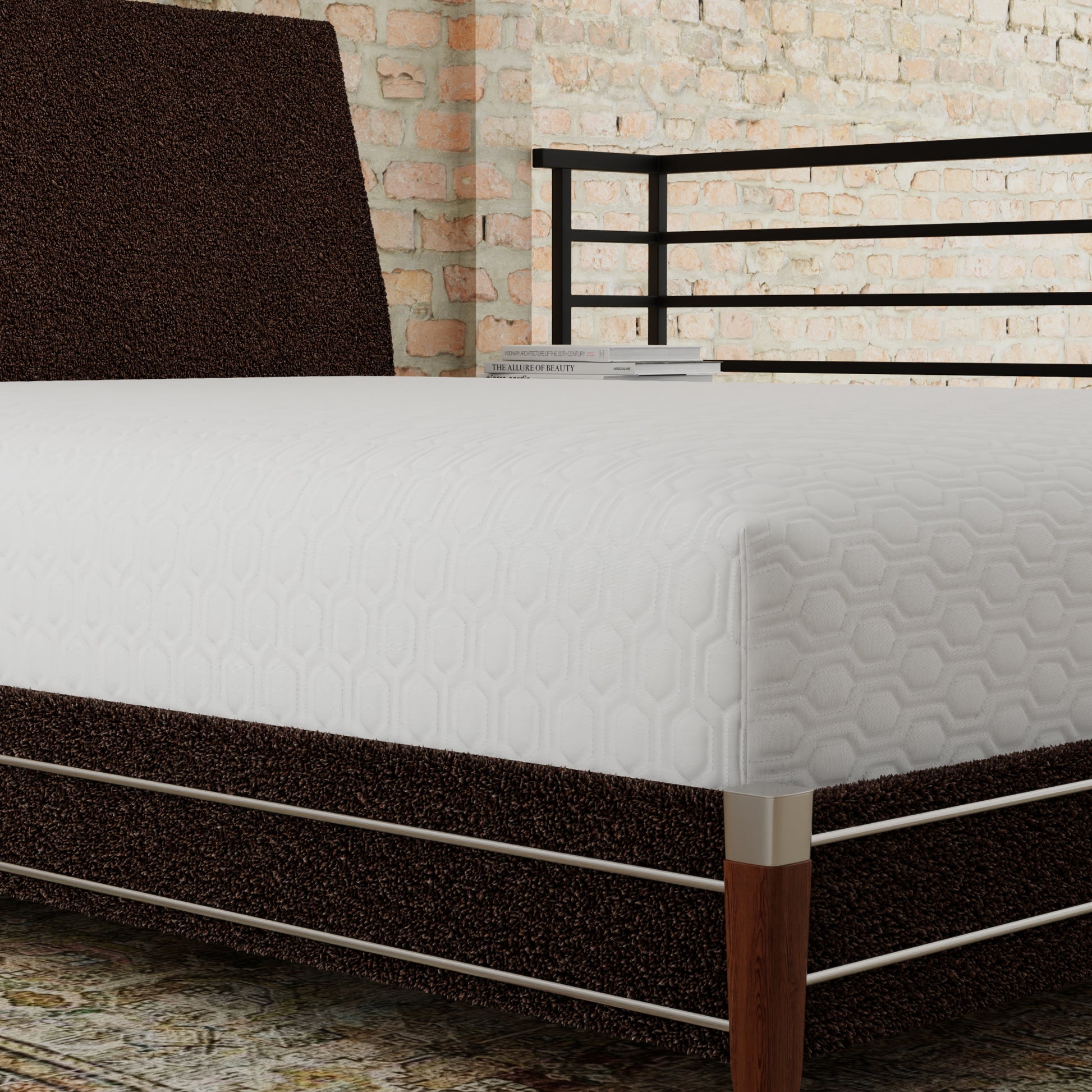 White quilted mattress with a textured brown base and wooden legs