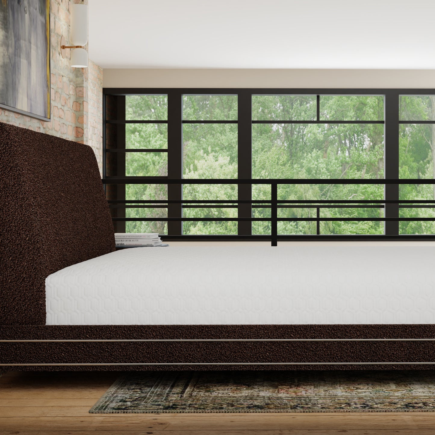 Brown textured bed frame with a white patterned mattress placed near a large window