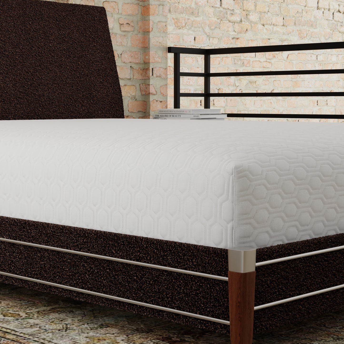 Closeup of a textured brown bed skirt on a white quilted mattress with geometric pattern