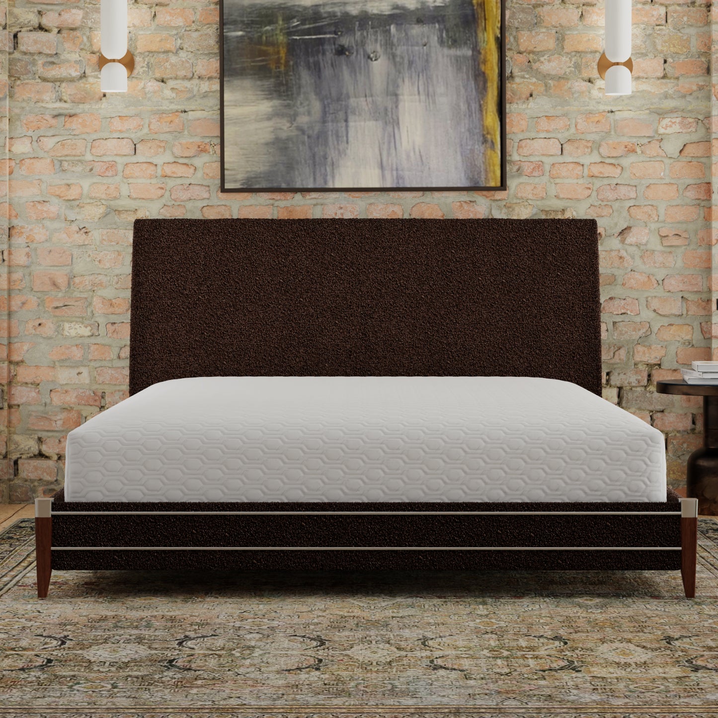 Dark brown upholstered bed frame with a white mattress and textured headboard