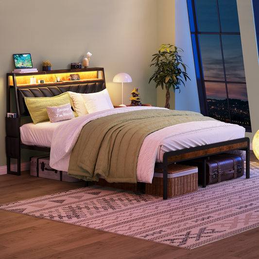 Black metal bed frame with builtin USB charging and headboard lights