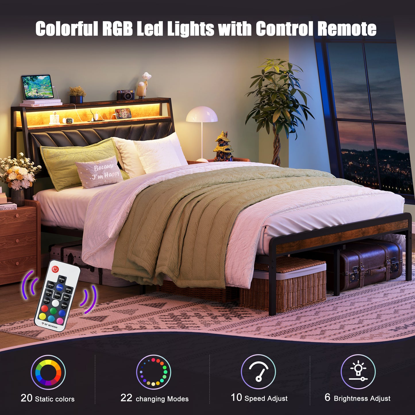 Bed frame with integrated RGB LED lights and charging station