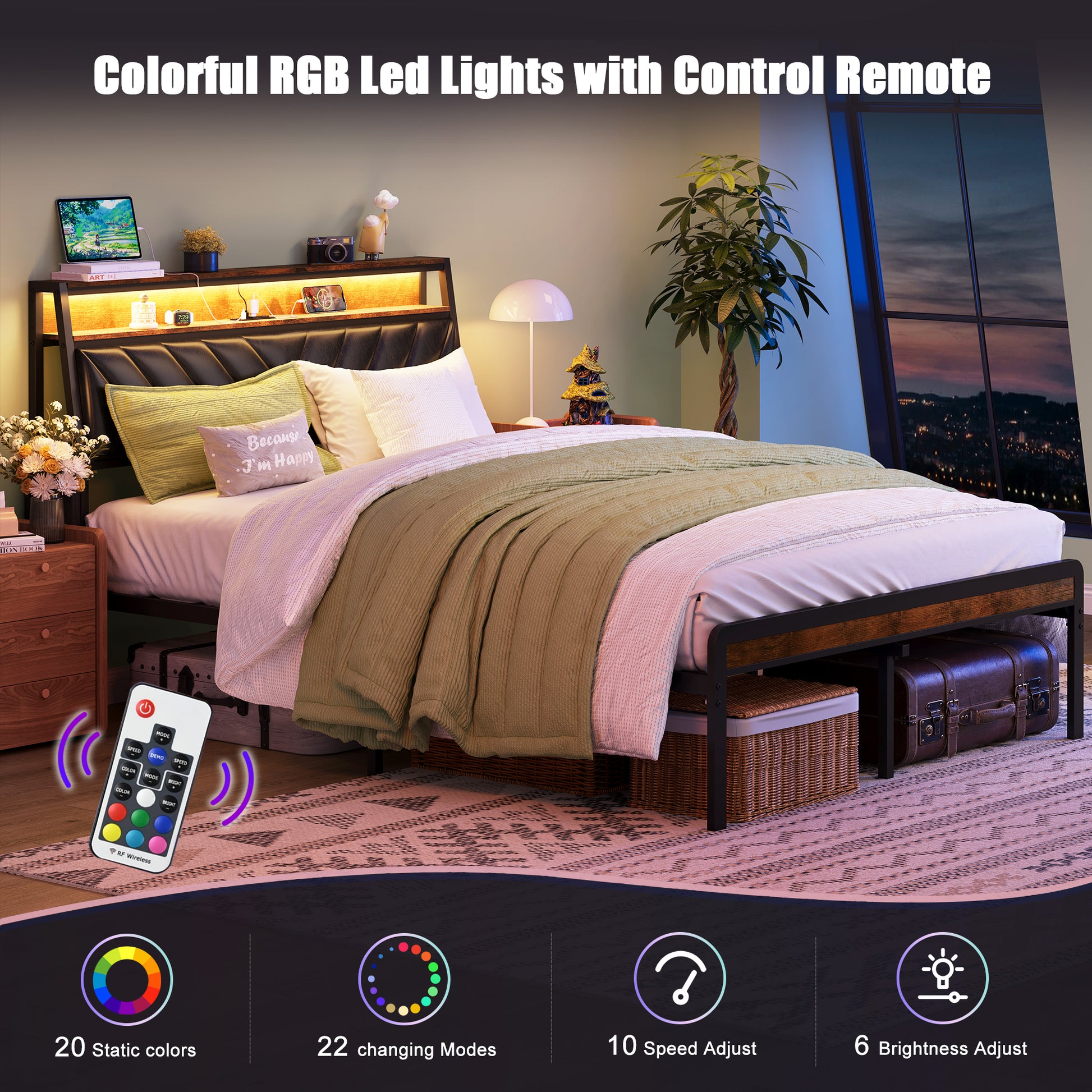 Bed frame with integrated RGB LED lights and charging station
