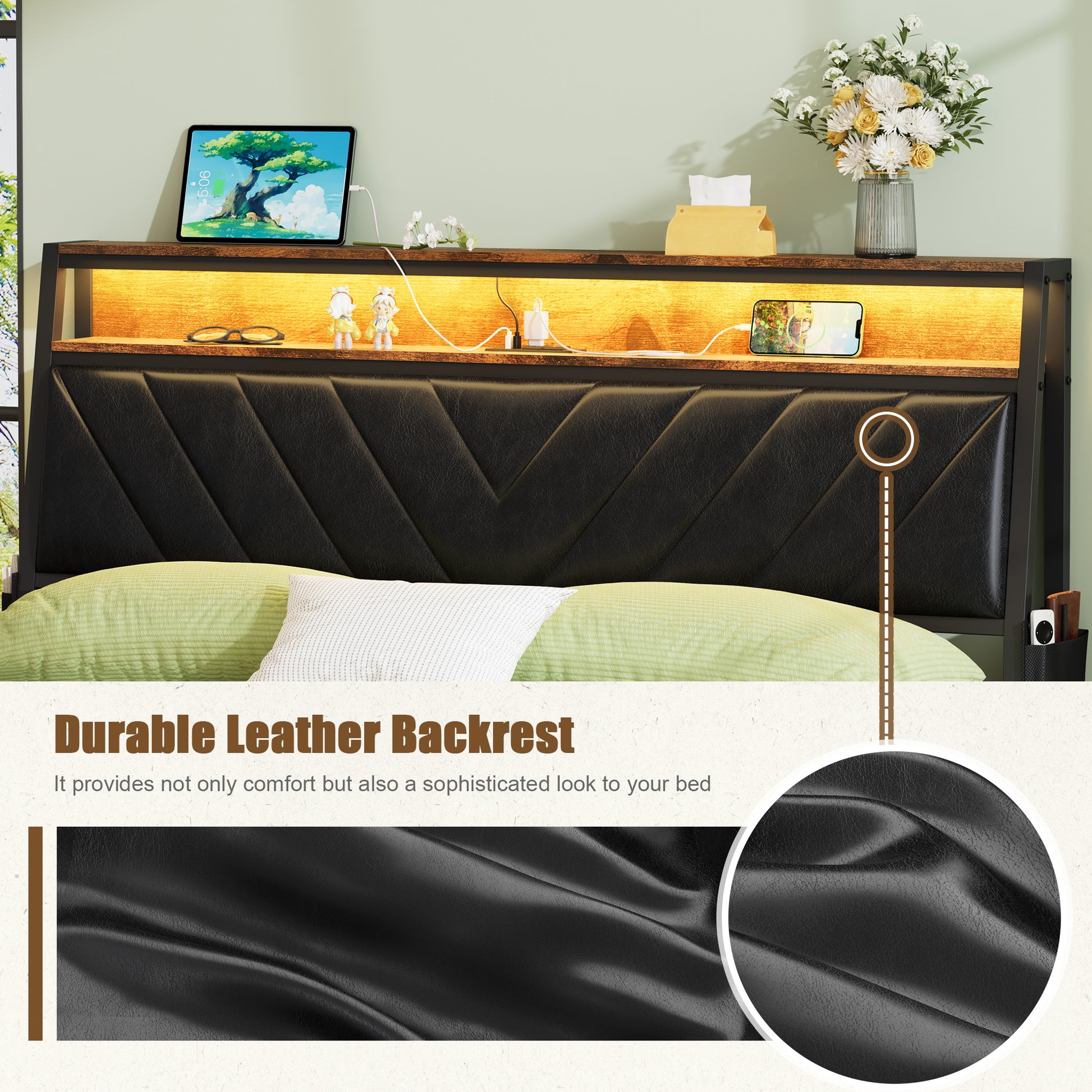 Black leather headboard with chevron stitching and integrated shelf
