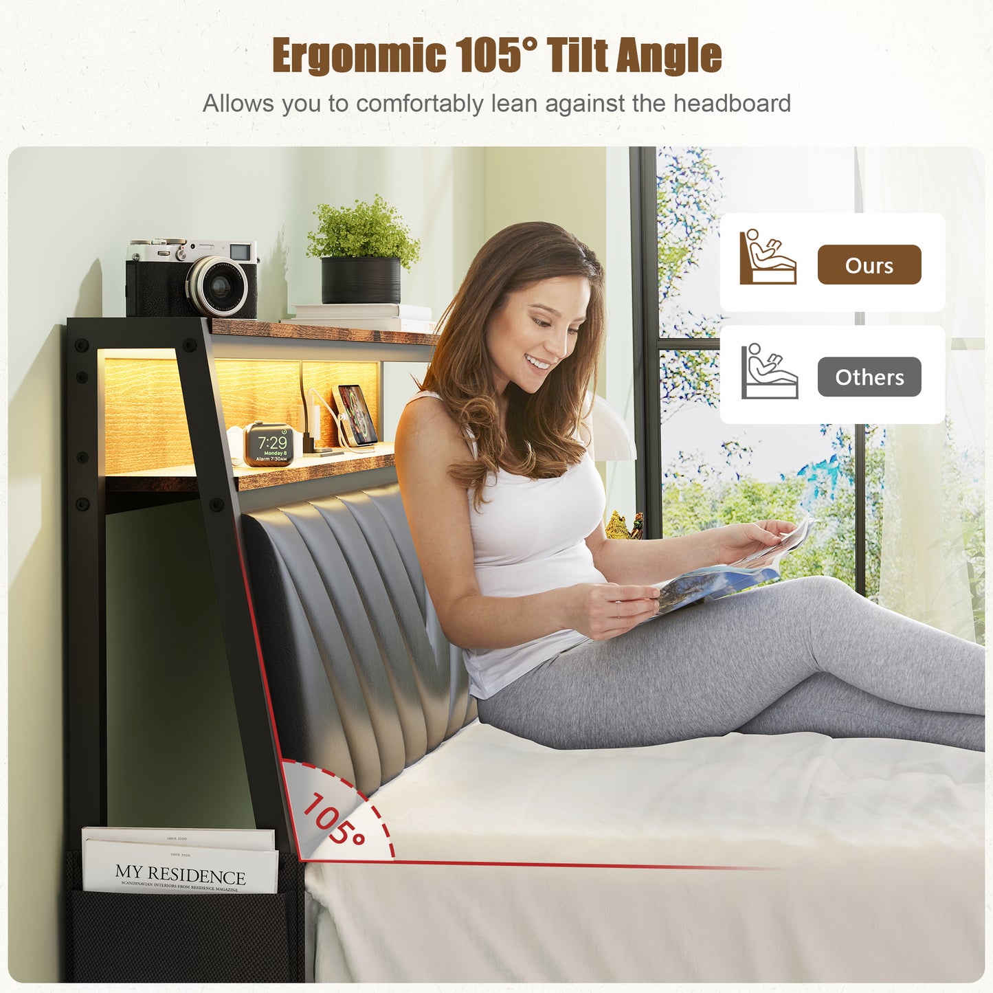 Woman reading on bed with ergonomic  tilt headboard