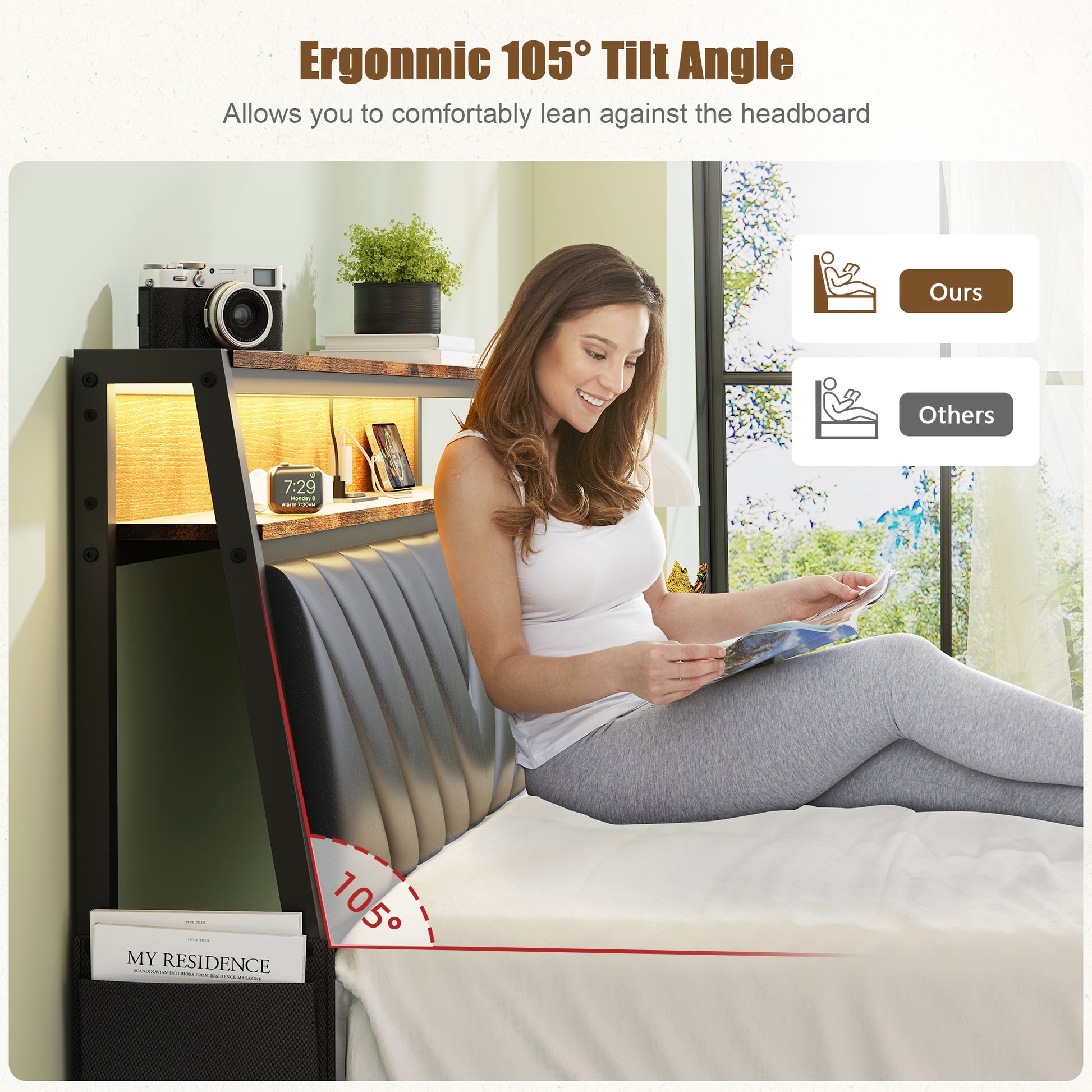 Woman reading on bed with ergonomic  tilt headboard