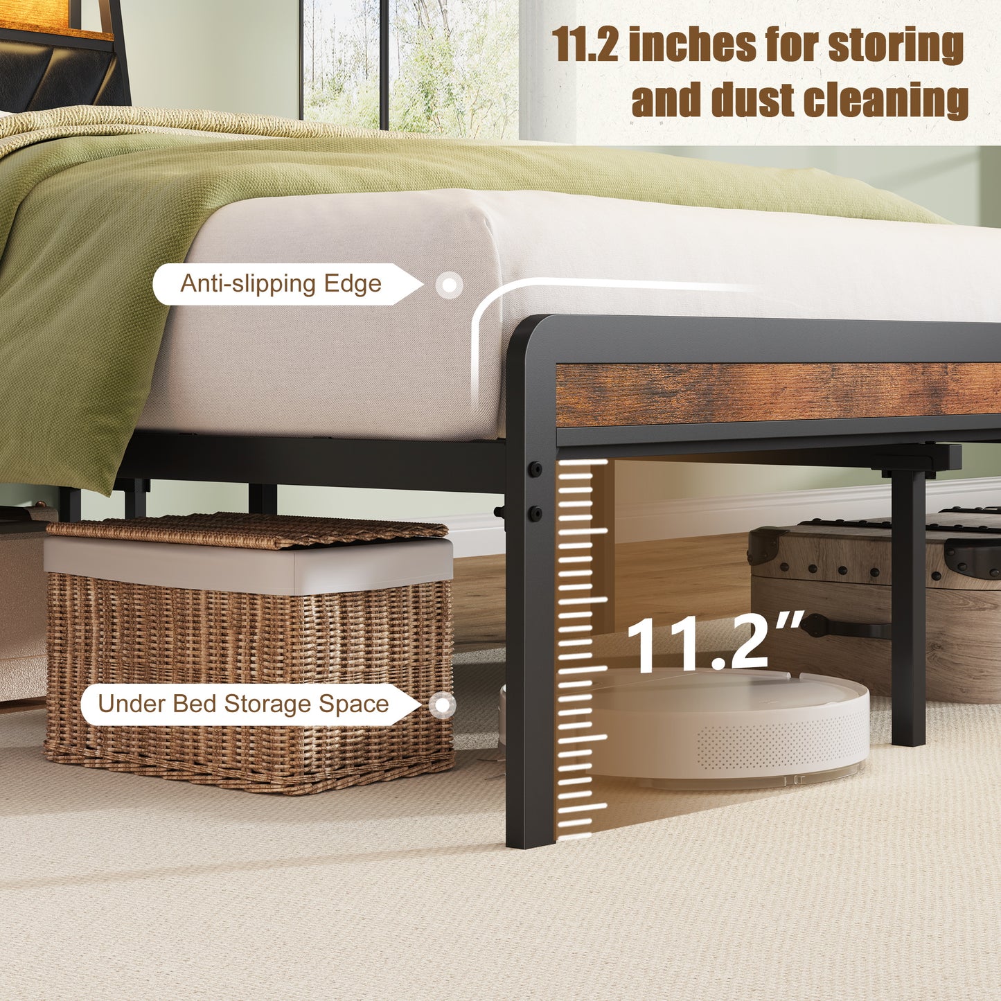 Rustic wood and black metal bed frame with  underbed storage clearance