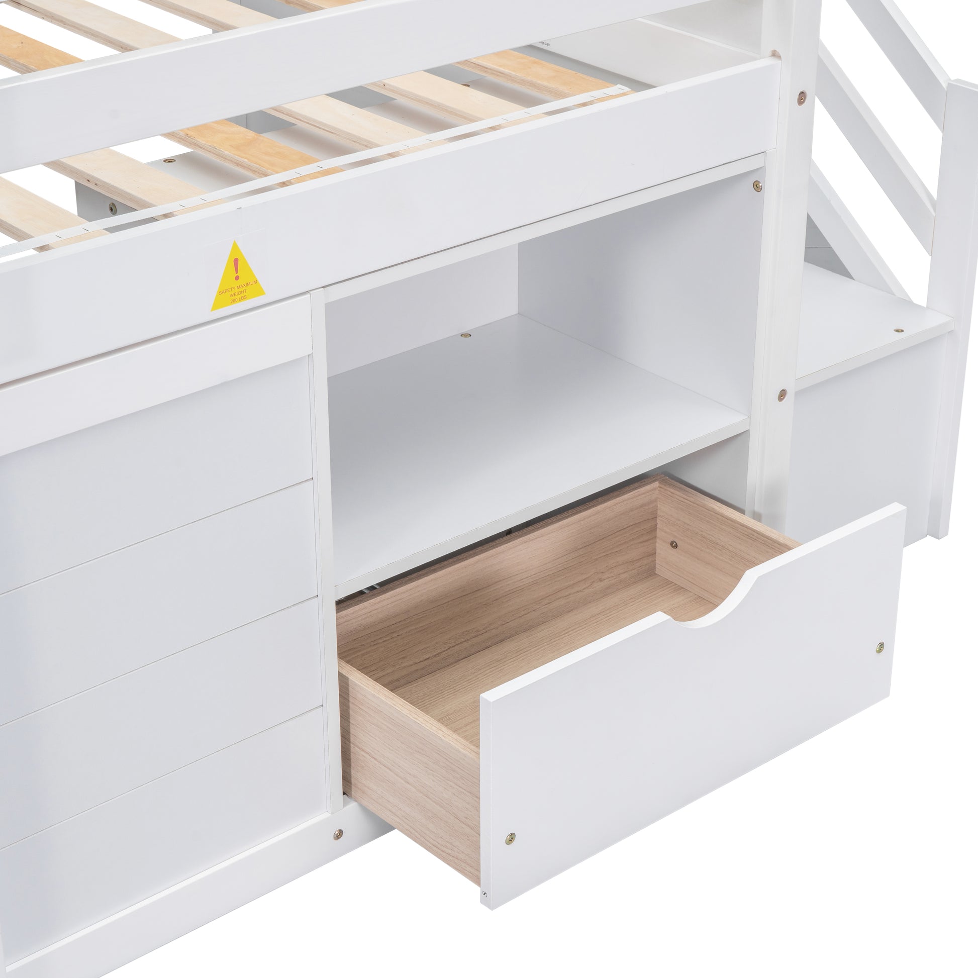 White loft bed with integrated drawers and open shelving