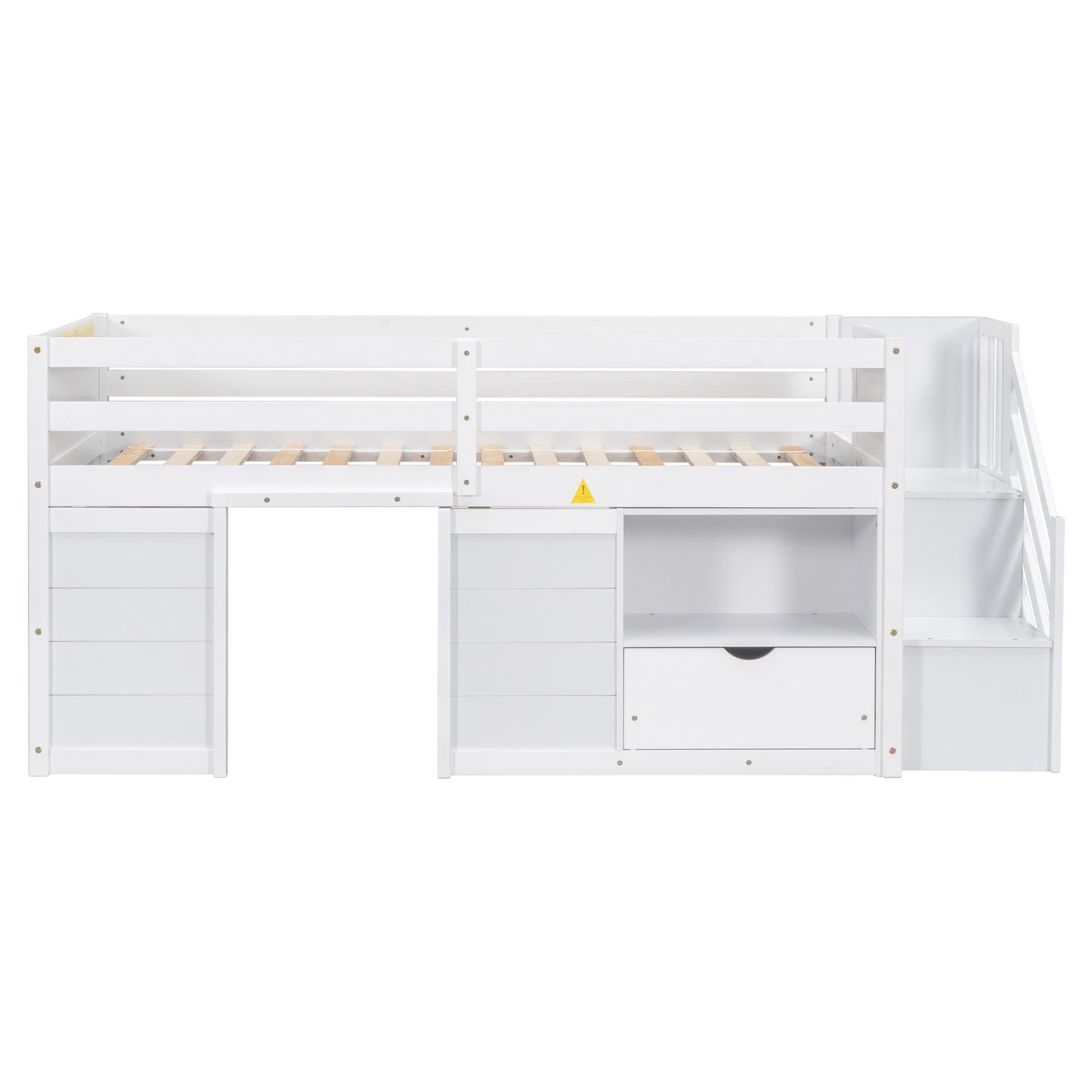 White loft bed with drawers and stairs