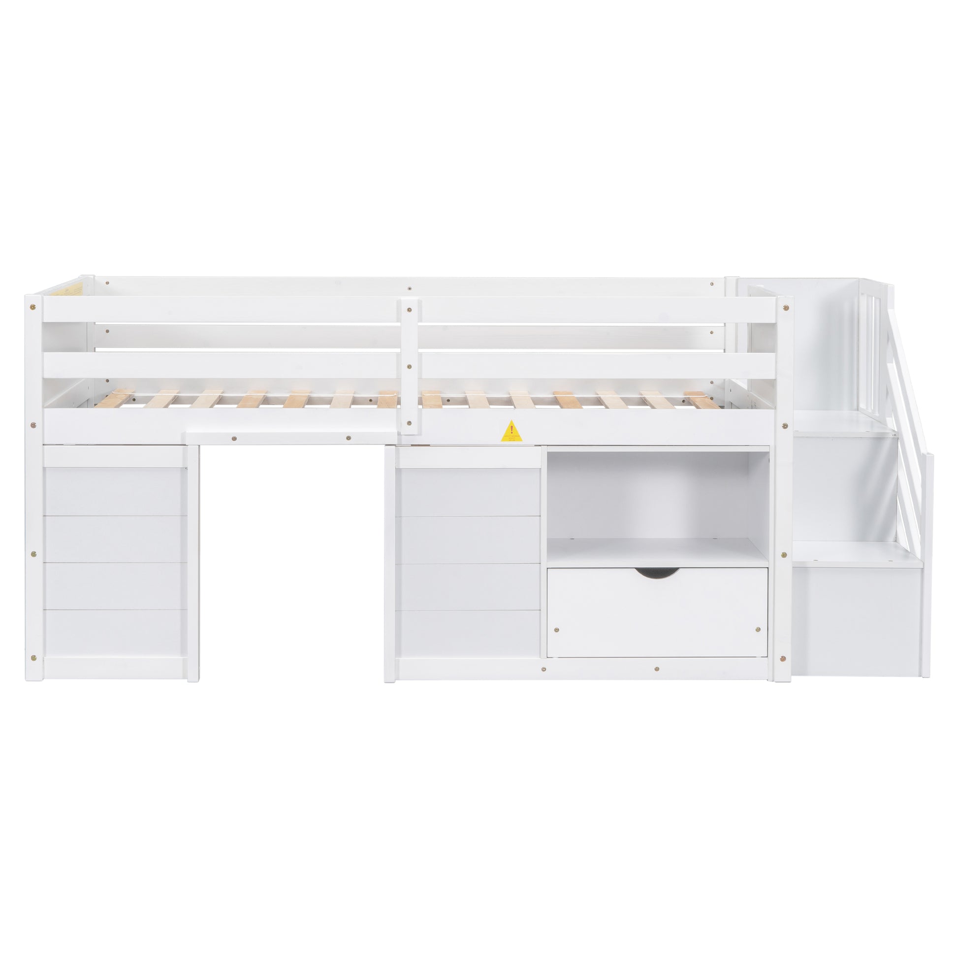 White loft bed with drawers and stairs
