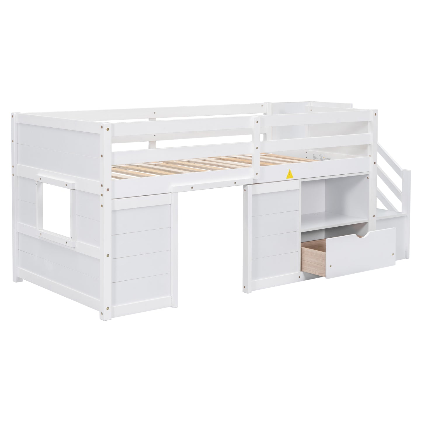 White loft bed with desk and stairs