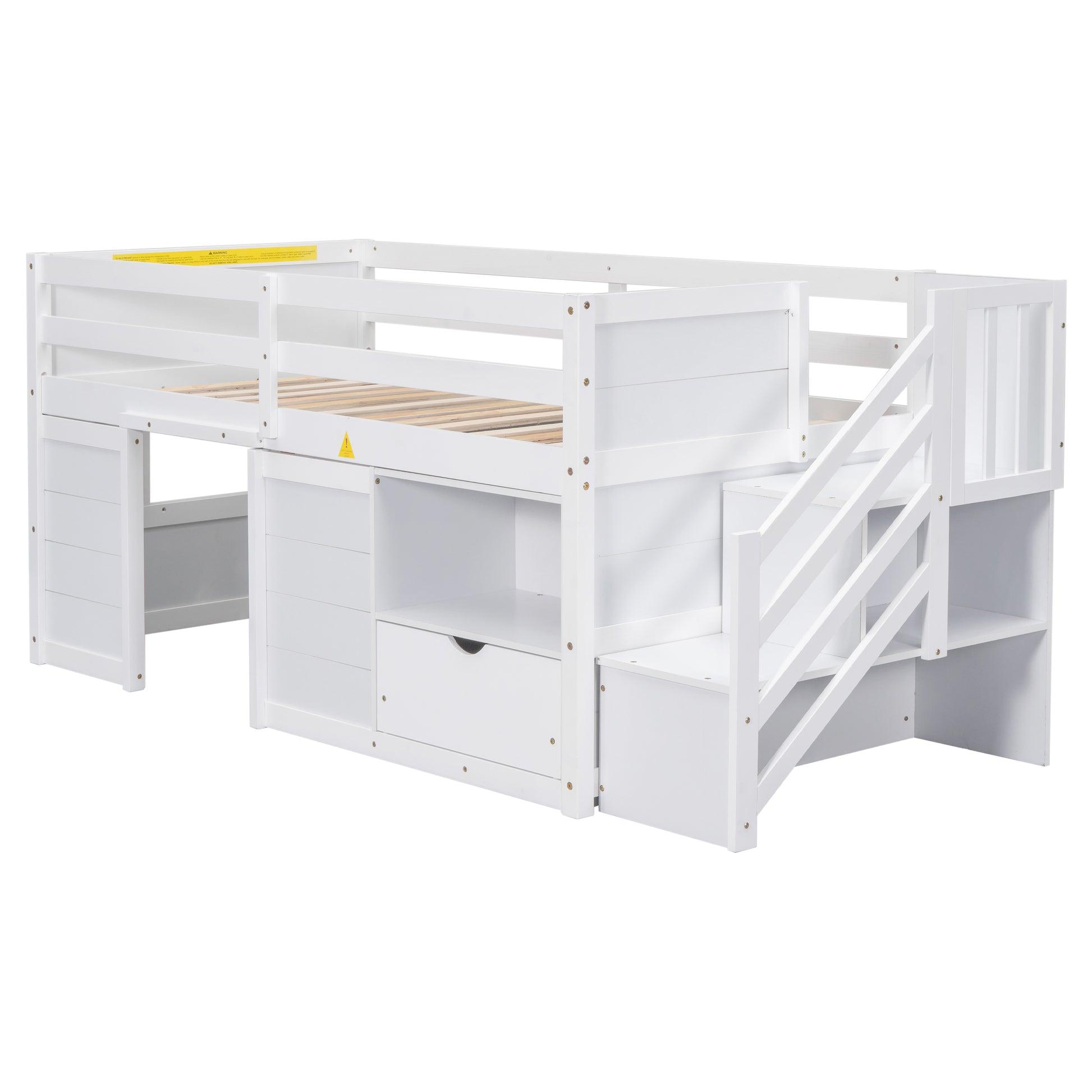 White loft bed with stairs and integrated desk