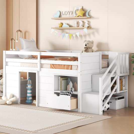 White loft bed with integrated stairs and storage