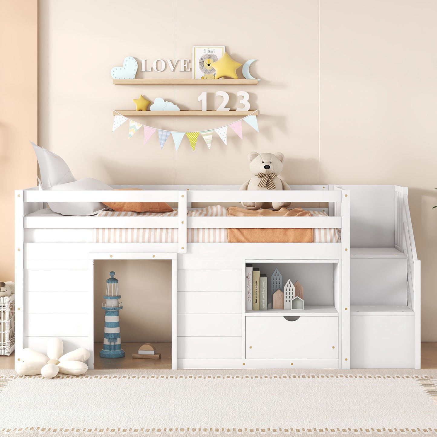 White twin loft bed with integrated desk and storage for kids