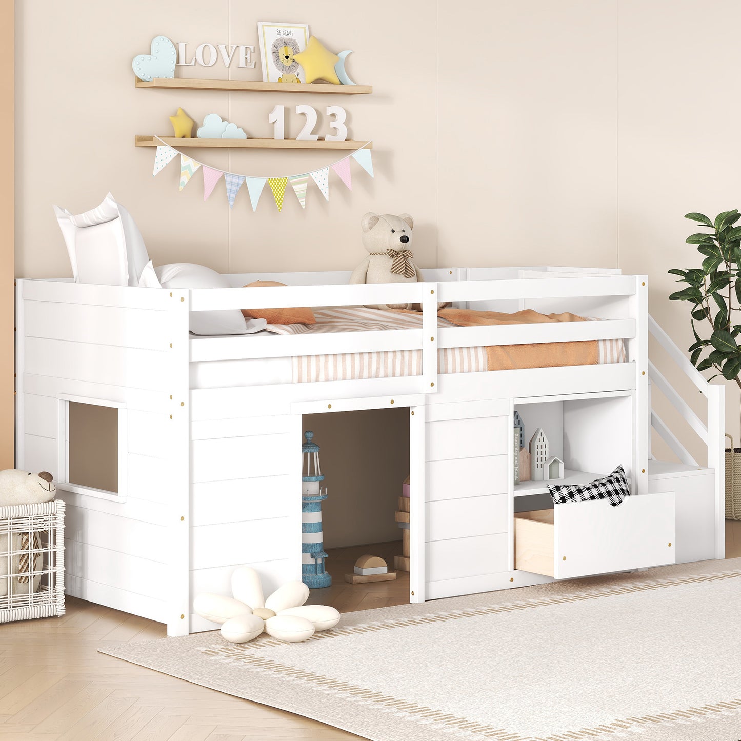White wooden loft bed with playhouse lower level and integrated storage drawer