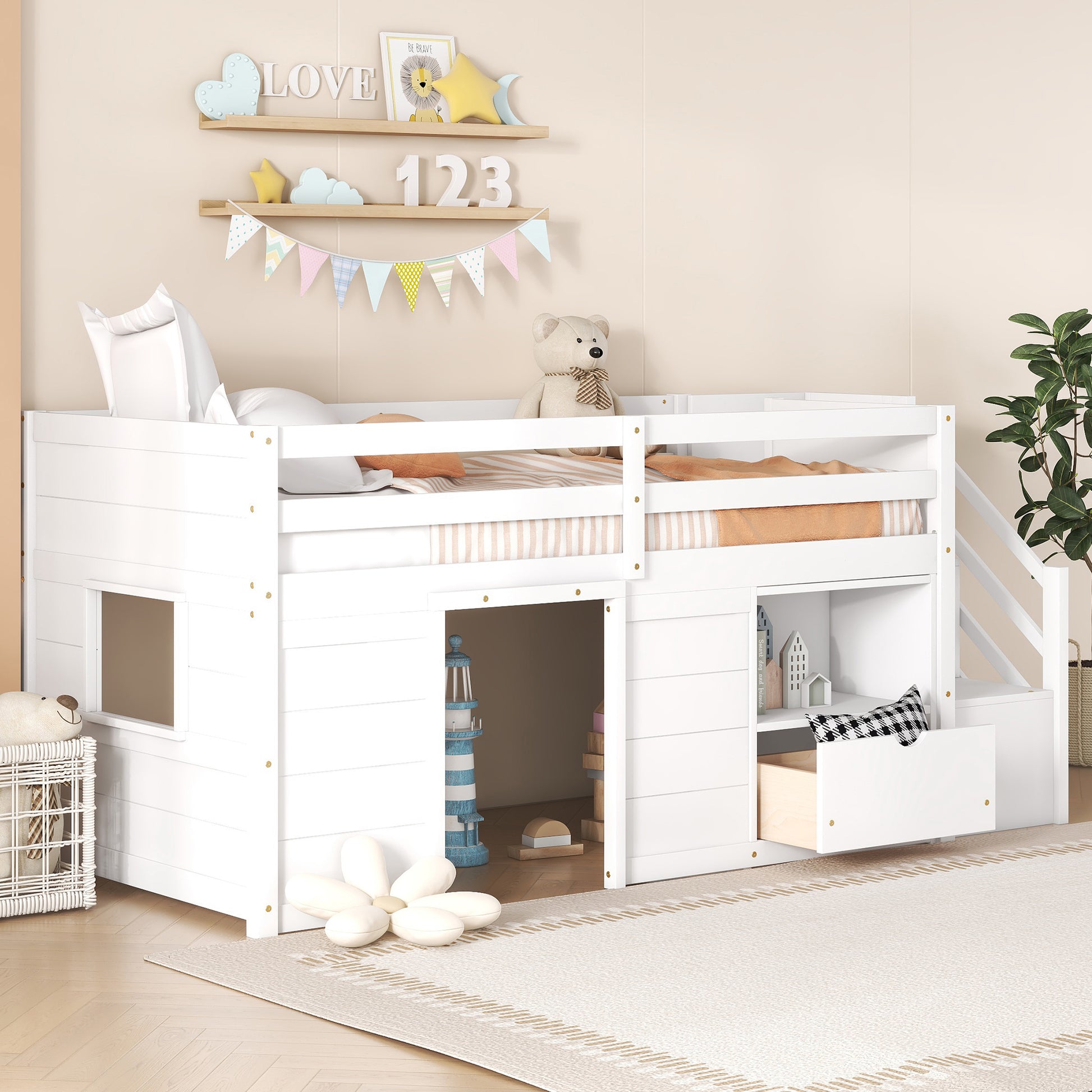 White wooden loft bed with playhouse lower level and integrated storage drawer