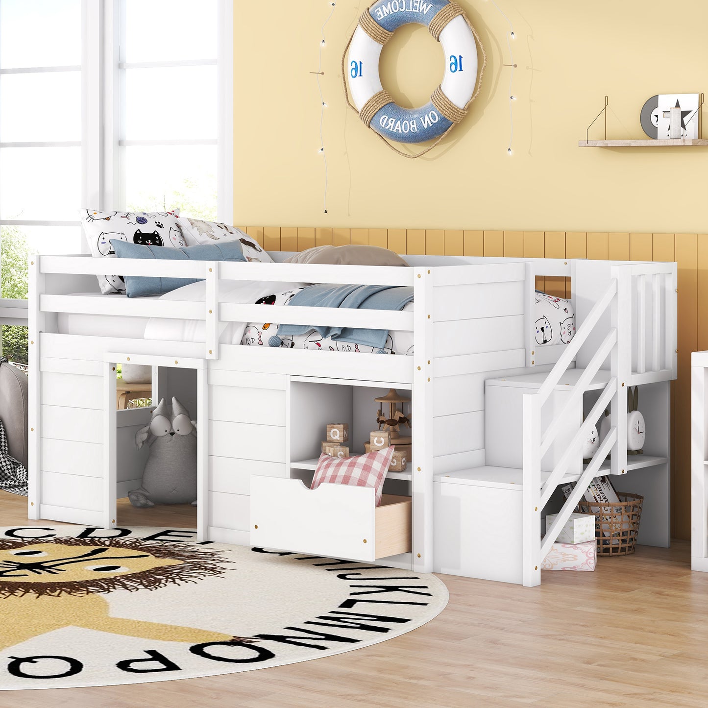 White loft bed with stairs and playhouse features