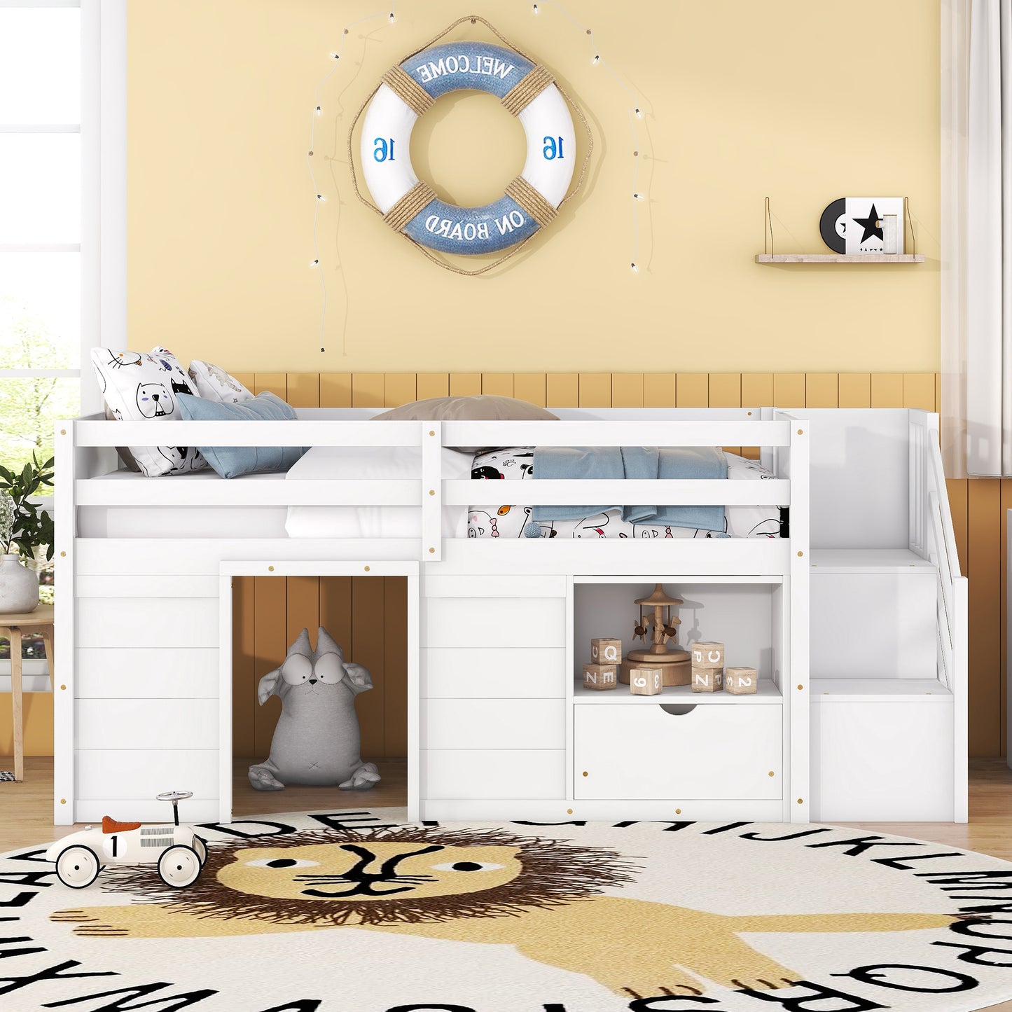 White wooden loft bed with stairs and playful stuffed animal