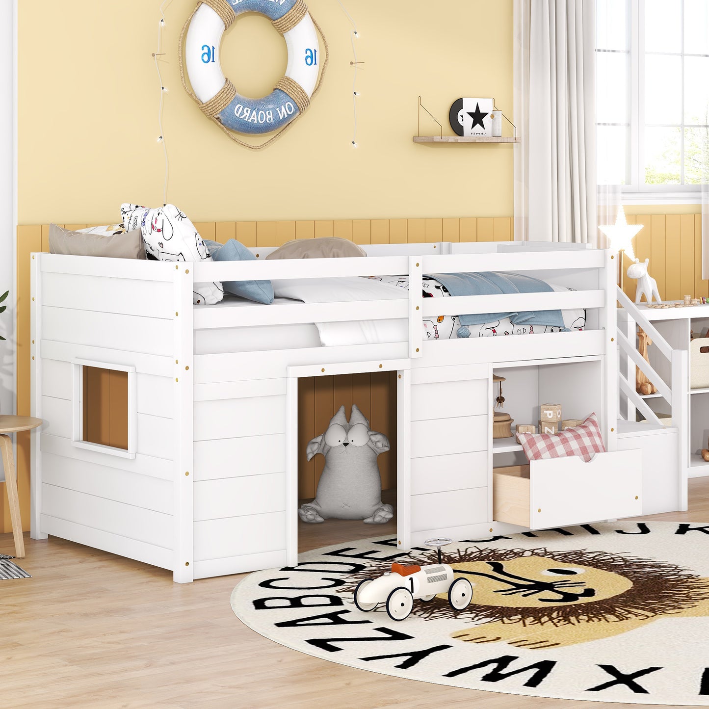 White wooden loft bed with builtin playhouse and storage drawers for kids
