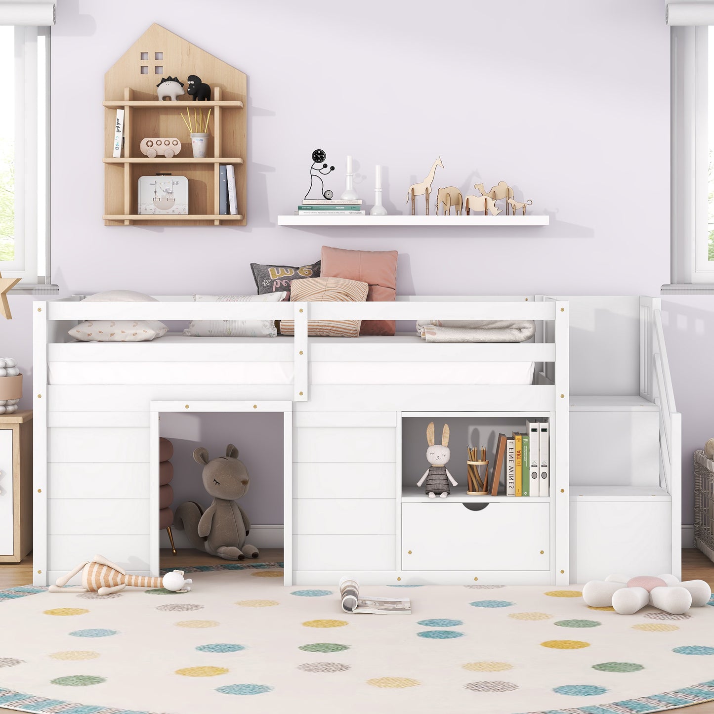Low Loft Twin Bed with Stair and Storage in White