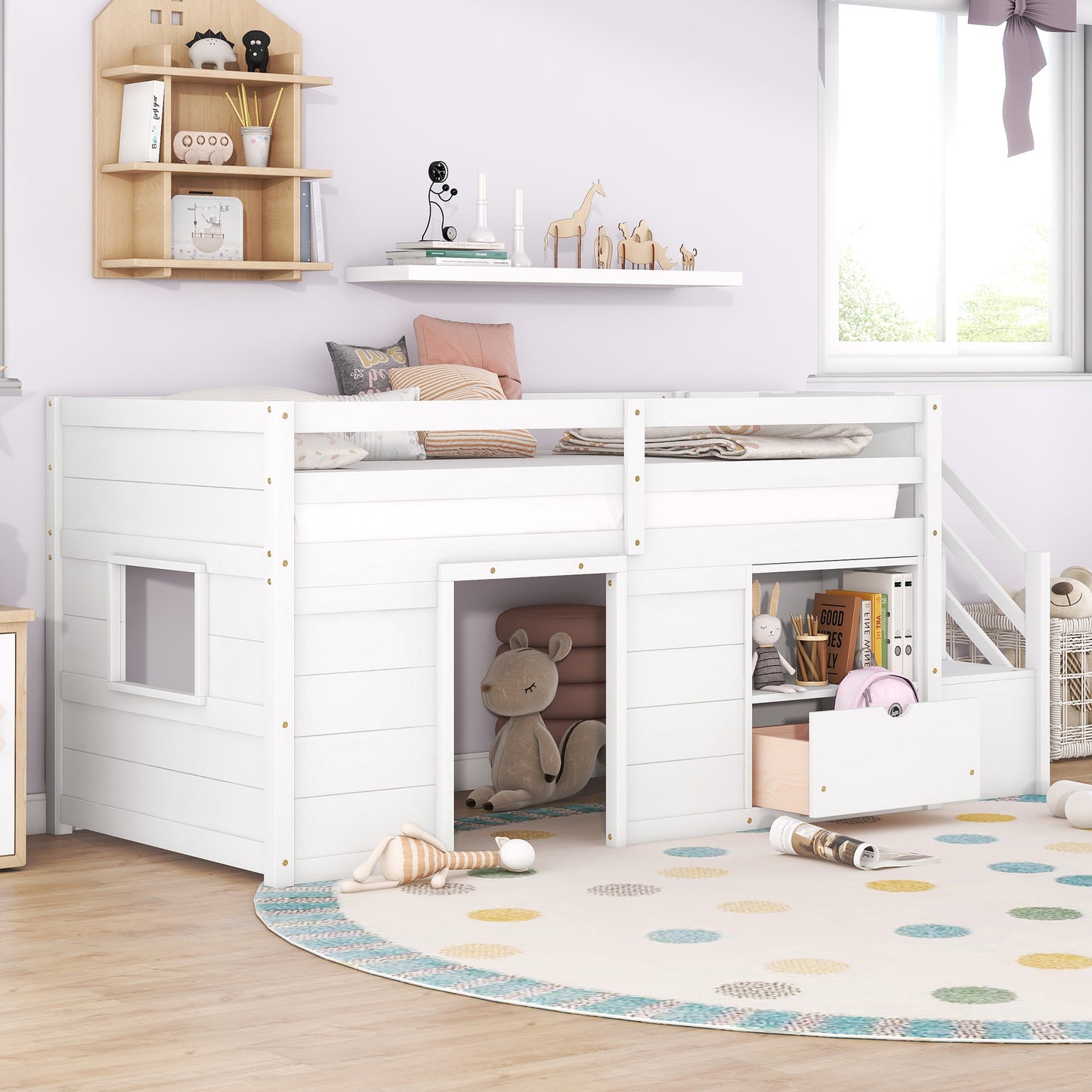 White loft bed with houselike design