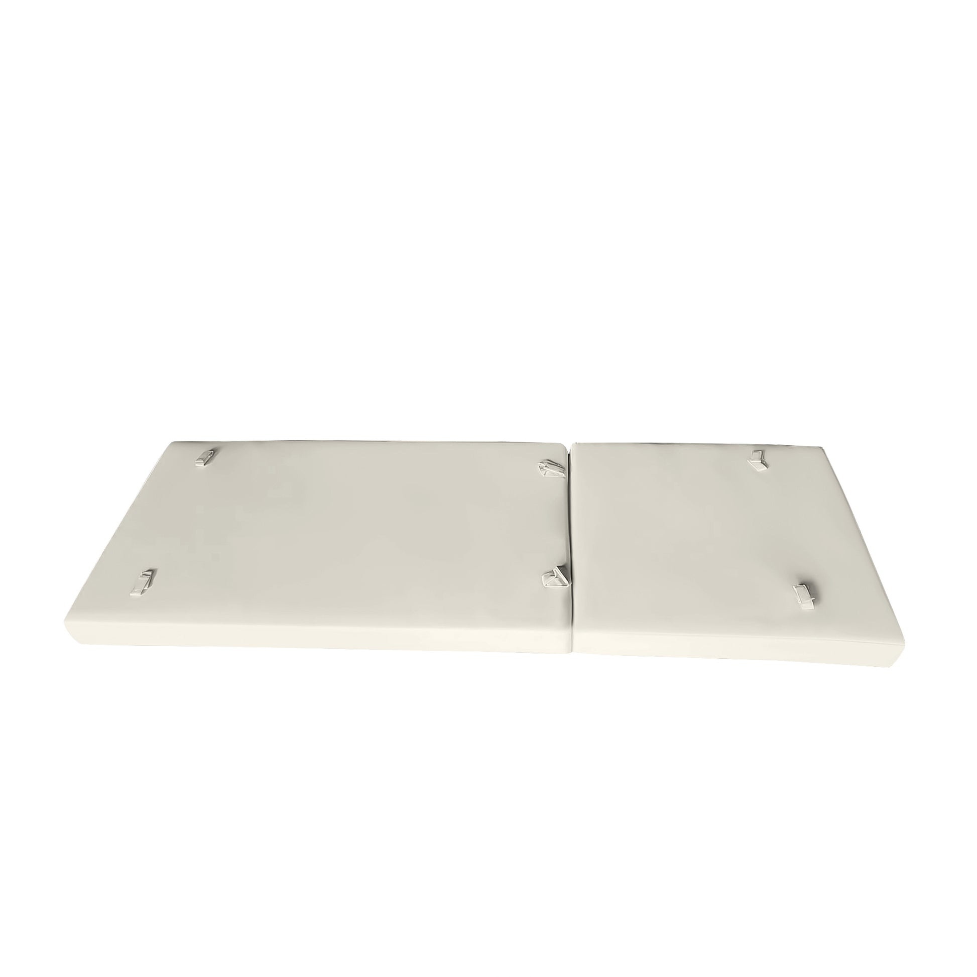 Two foldable beige outdoor cushions with metal clasps on a white background