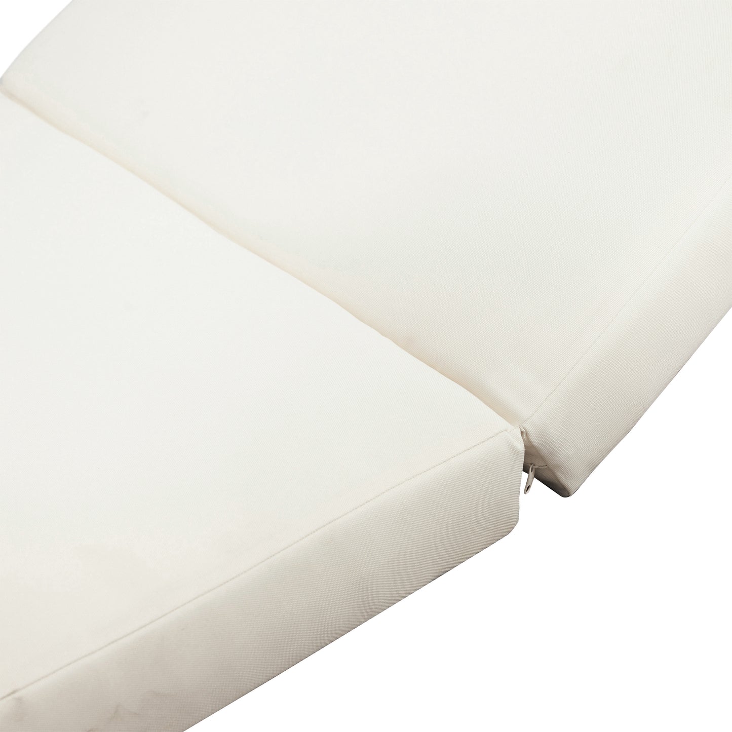 Closeup of a cream outdoor cushion showing textured fabric and zipper detail
