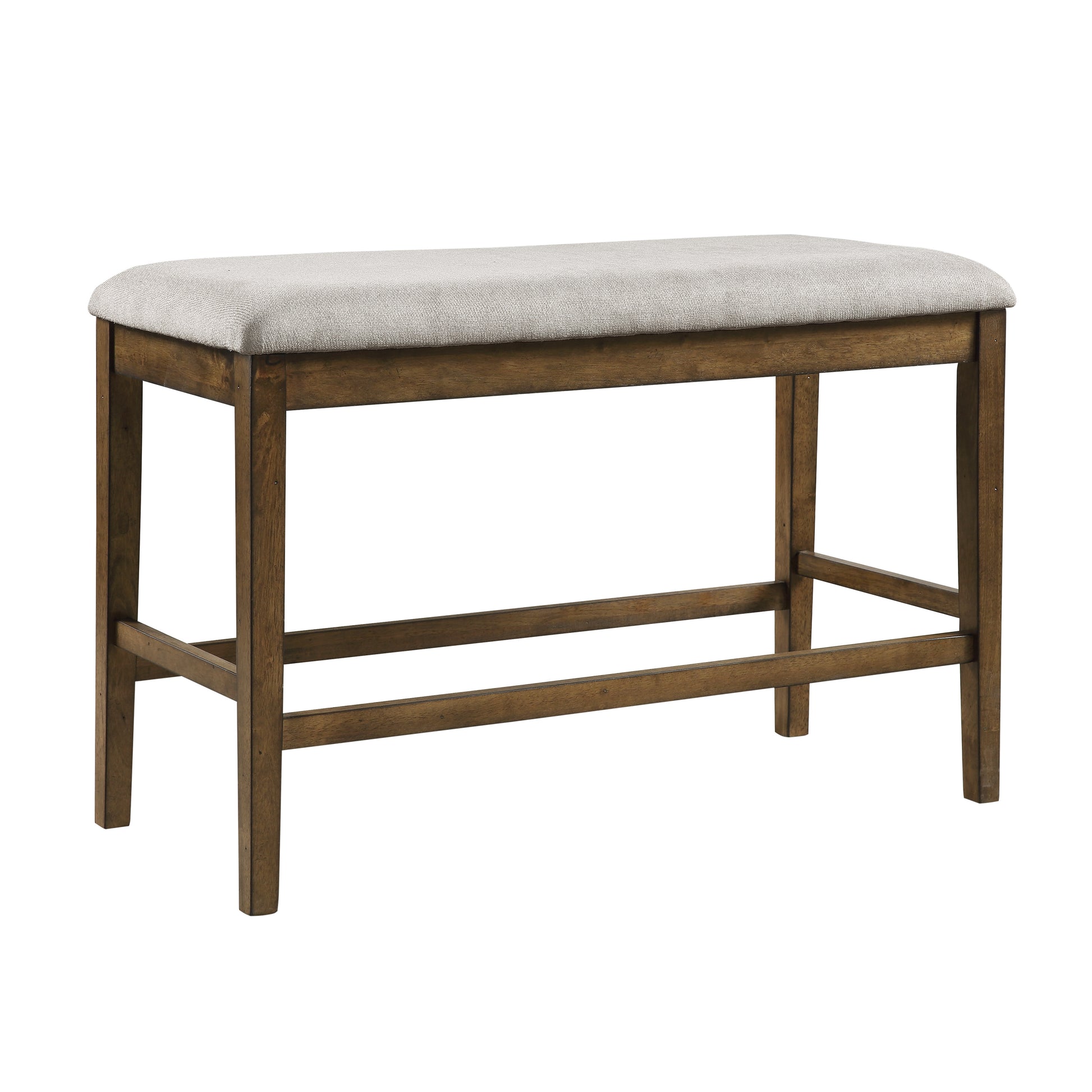 Upholstered gray fabric bench with warm oak wood frame and footrest
