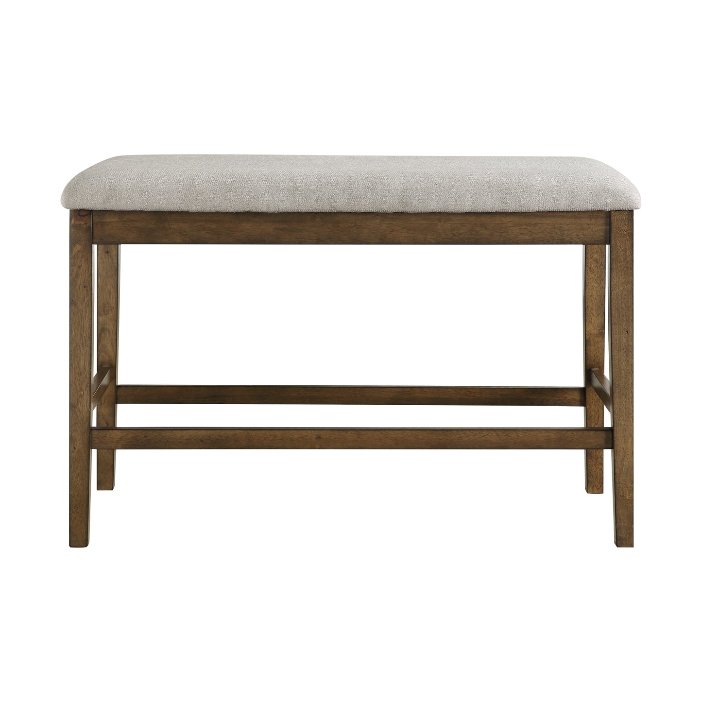 Upholstered linen counter stool with a warm wood frame