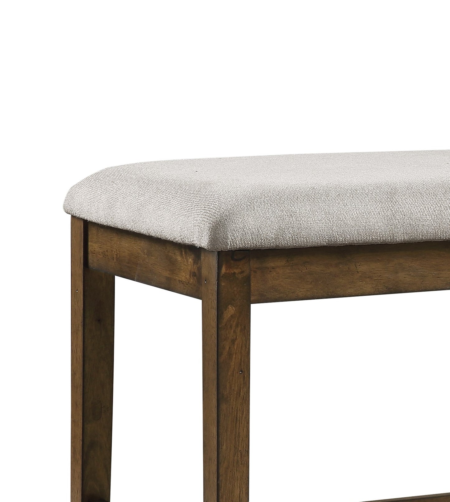 Upholstered dining bench with light gray fabric seat and dark wood legs