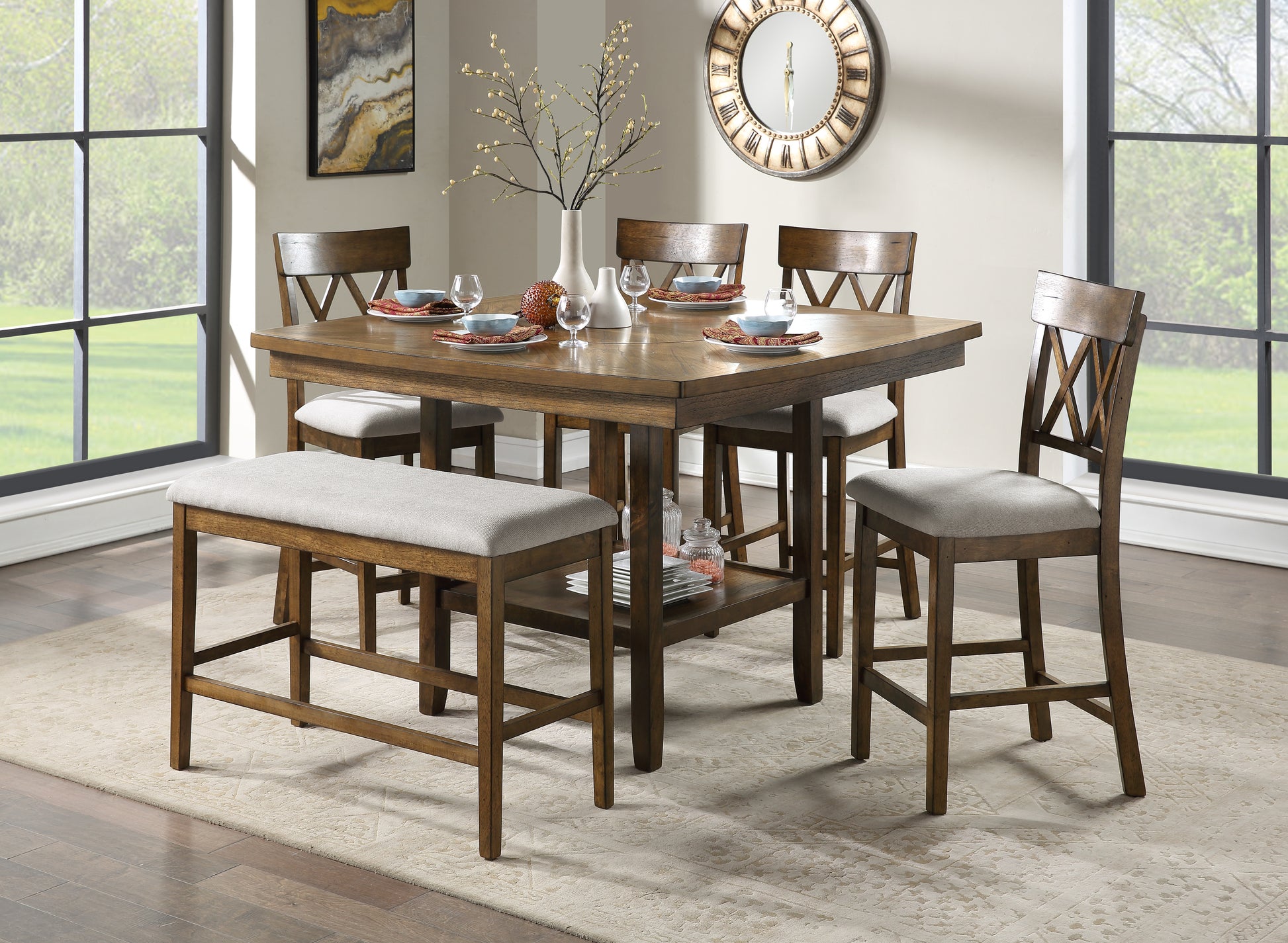 Square oak dining table with upholstered bench and chairs