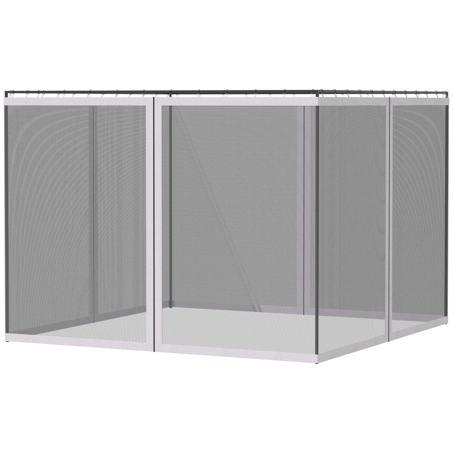 White mesh outdoor screen enclosure with silver metal frame and hanging rods