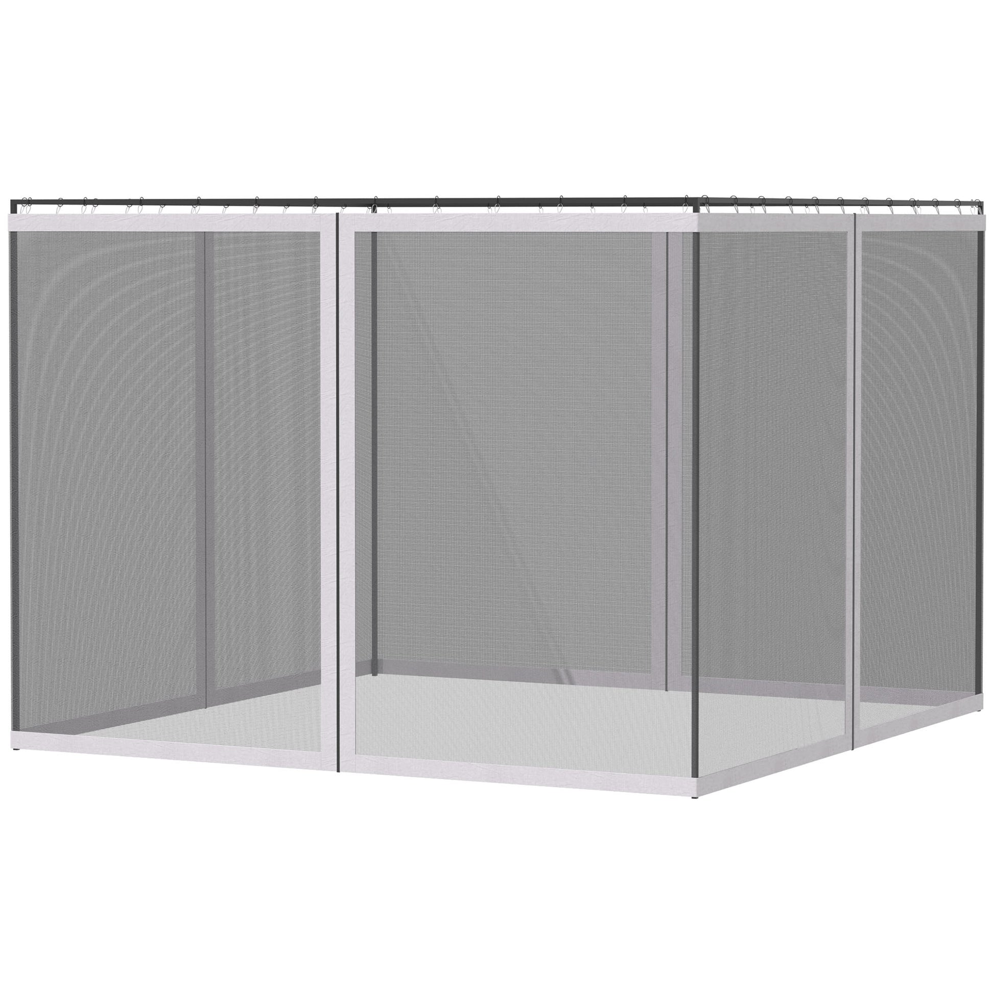 White mesh outdoor screen enclosure with silver metal frame and hanging rods
