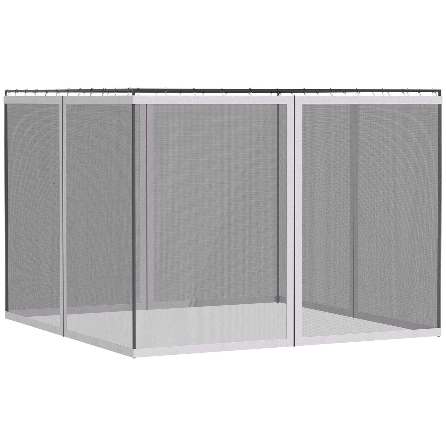Mosquito net enclosure with white frame and silver mesh ideal for outdoor patios