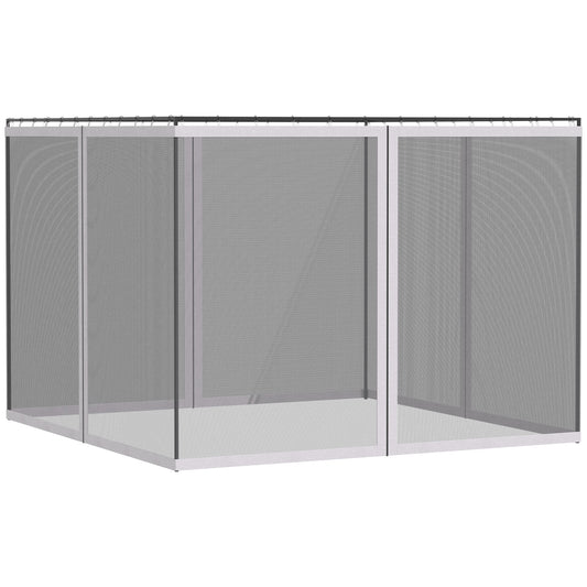 Mosquito net enclosure with white frame and silver mesh ideal for outdoor patios