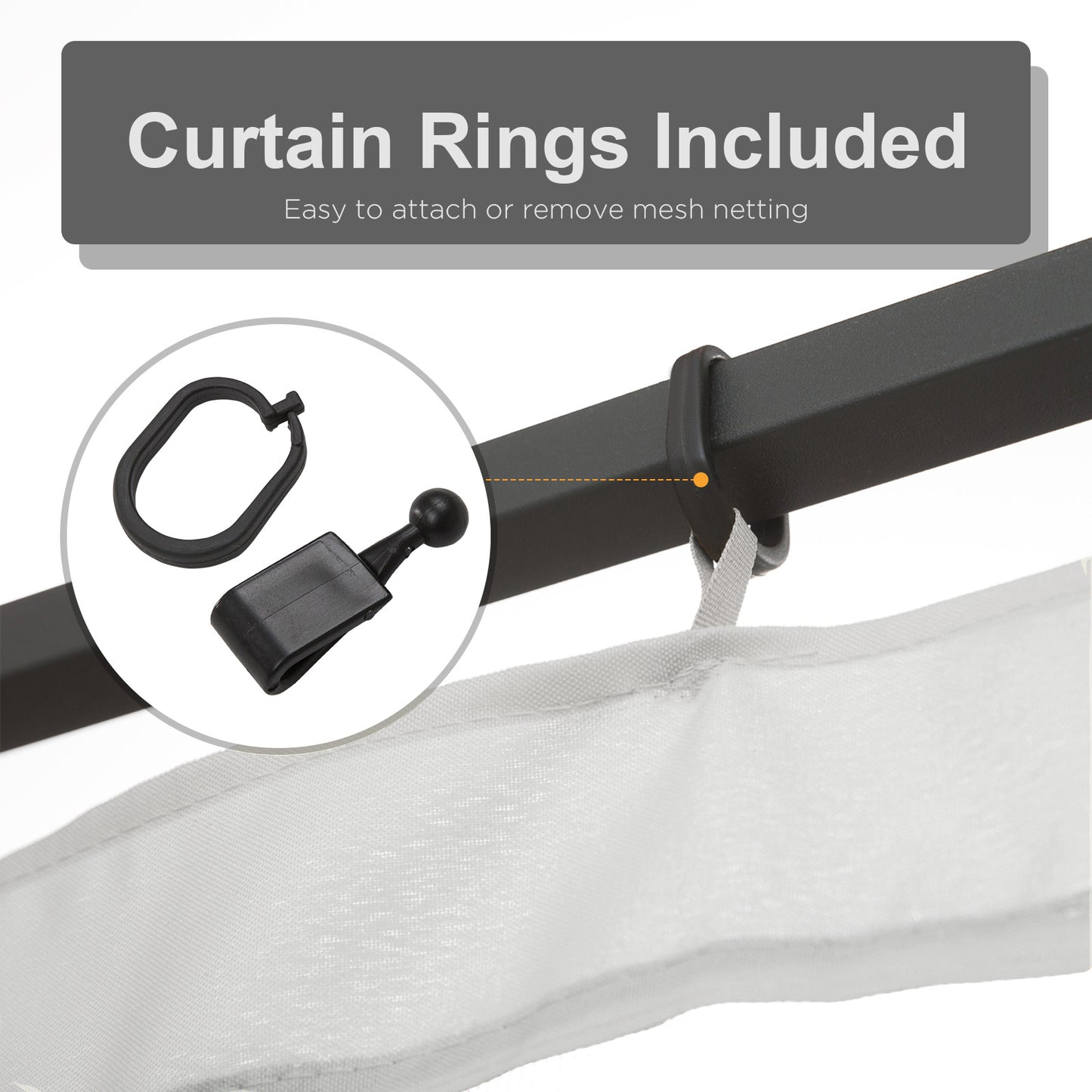 Black plastic curtain rings and clips for attaching mesh netting to a dark rod