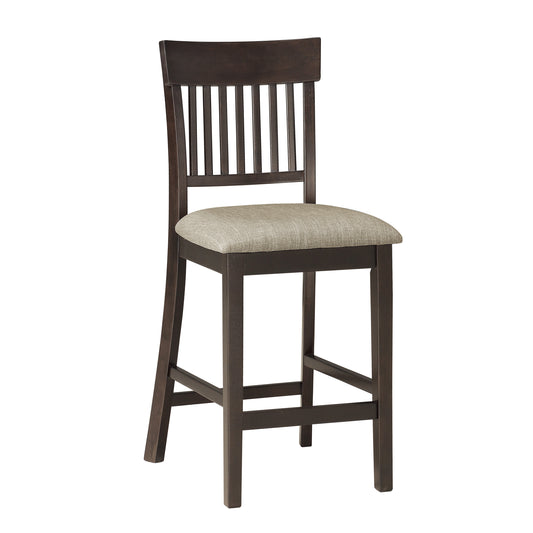 Dark wood bar stool with slatted back and beige fabric seat