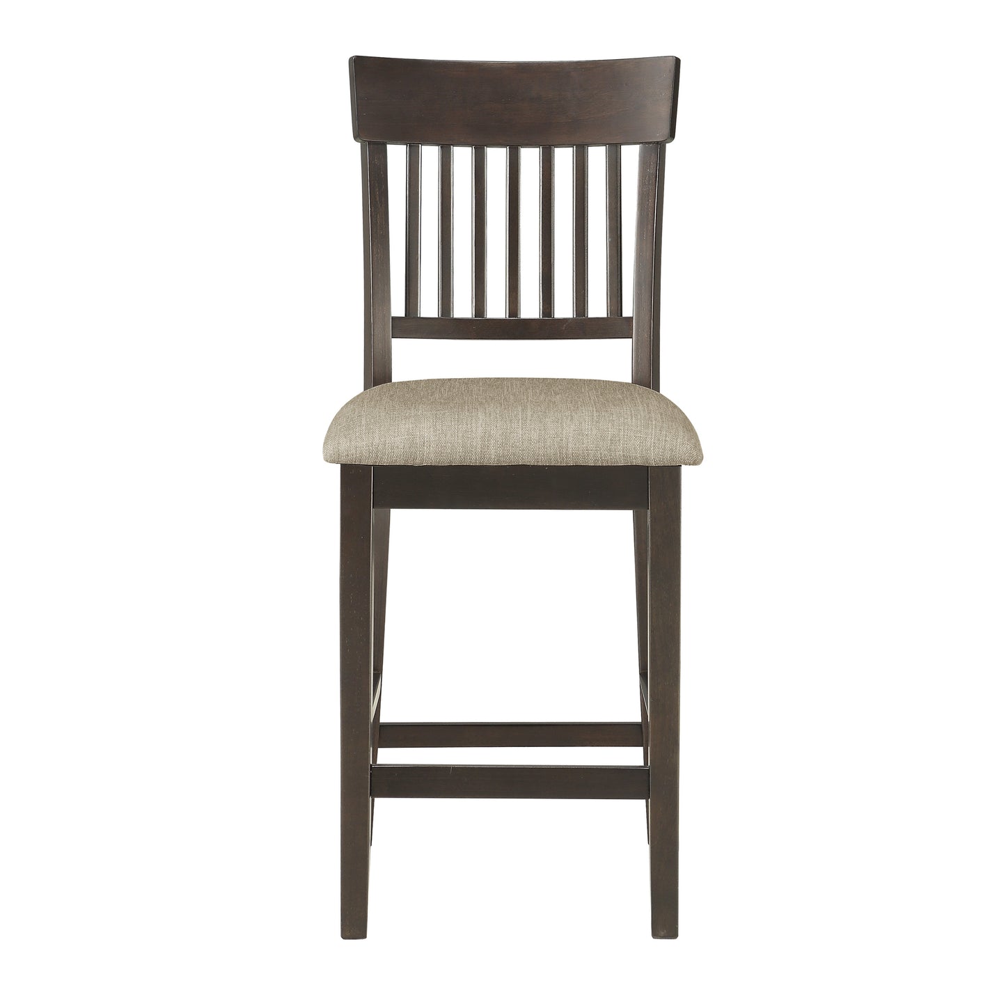 Dark brown wooden counter stool with a beige linen upholstered seat and slatted back