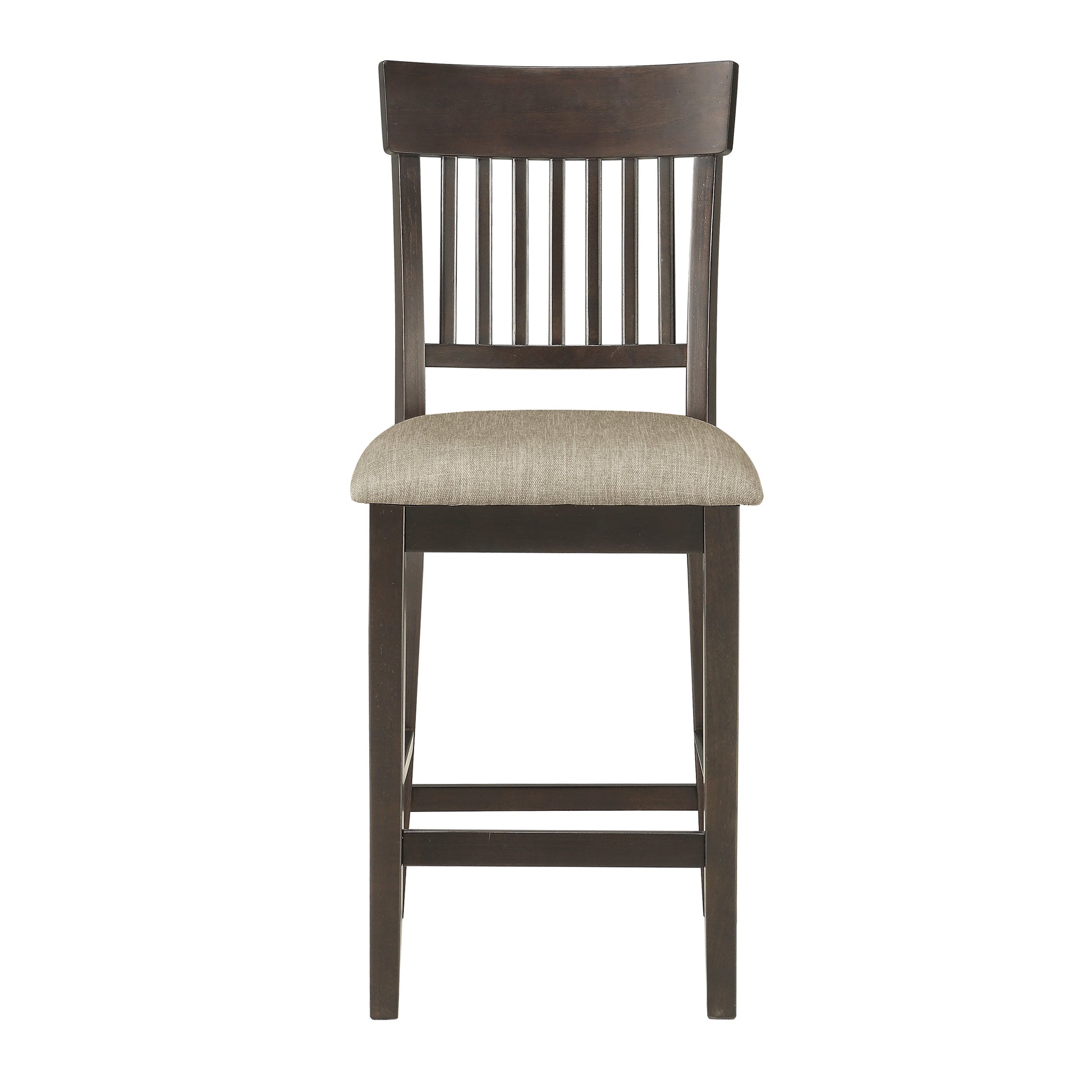Dark brown wooden counter stool with a beige linen upholstered seat and slatted back