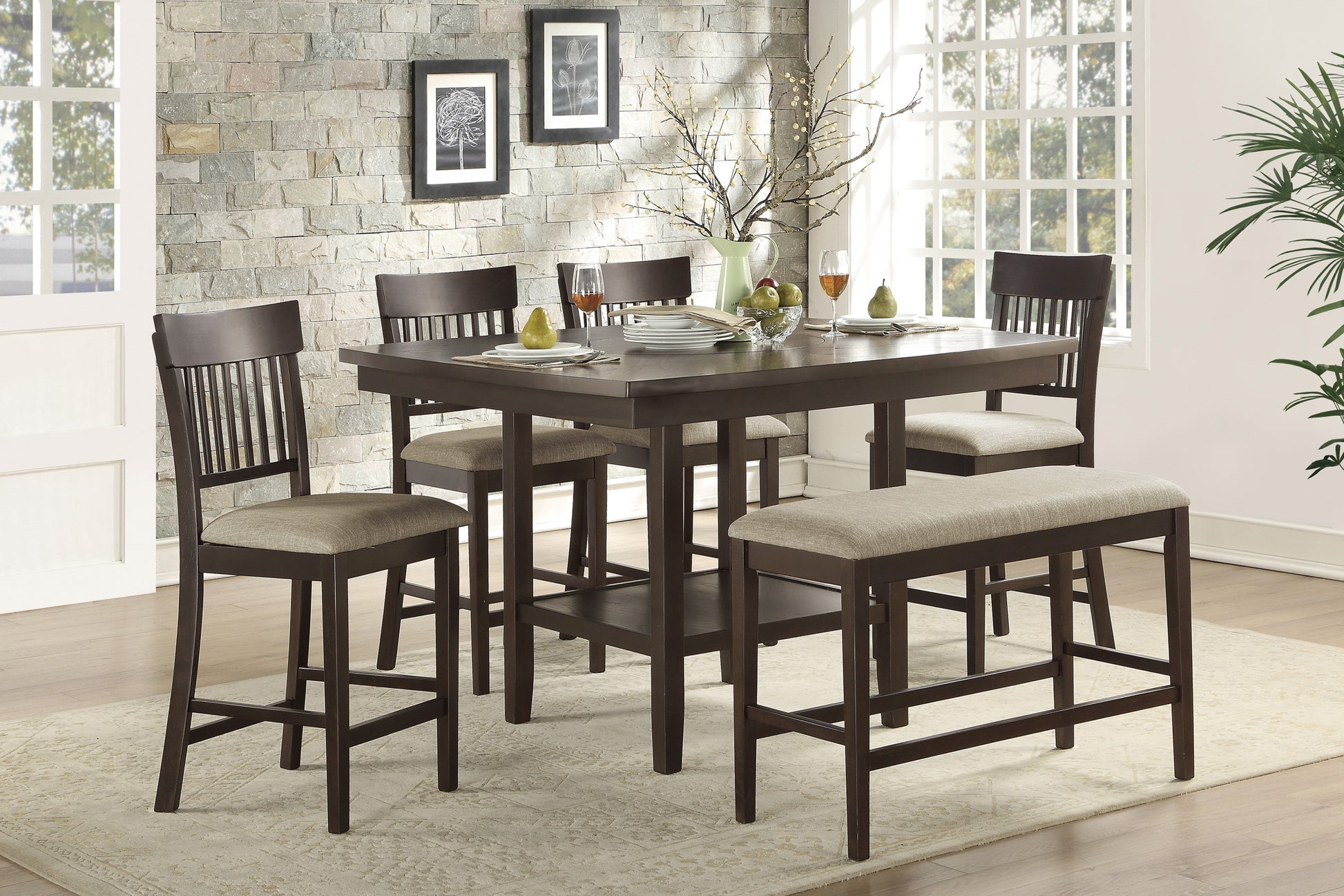 Dark wood counter height dining set with upholstered seats