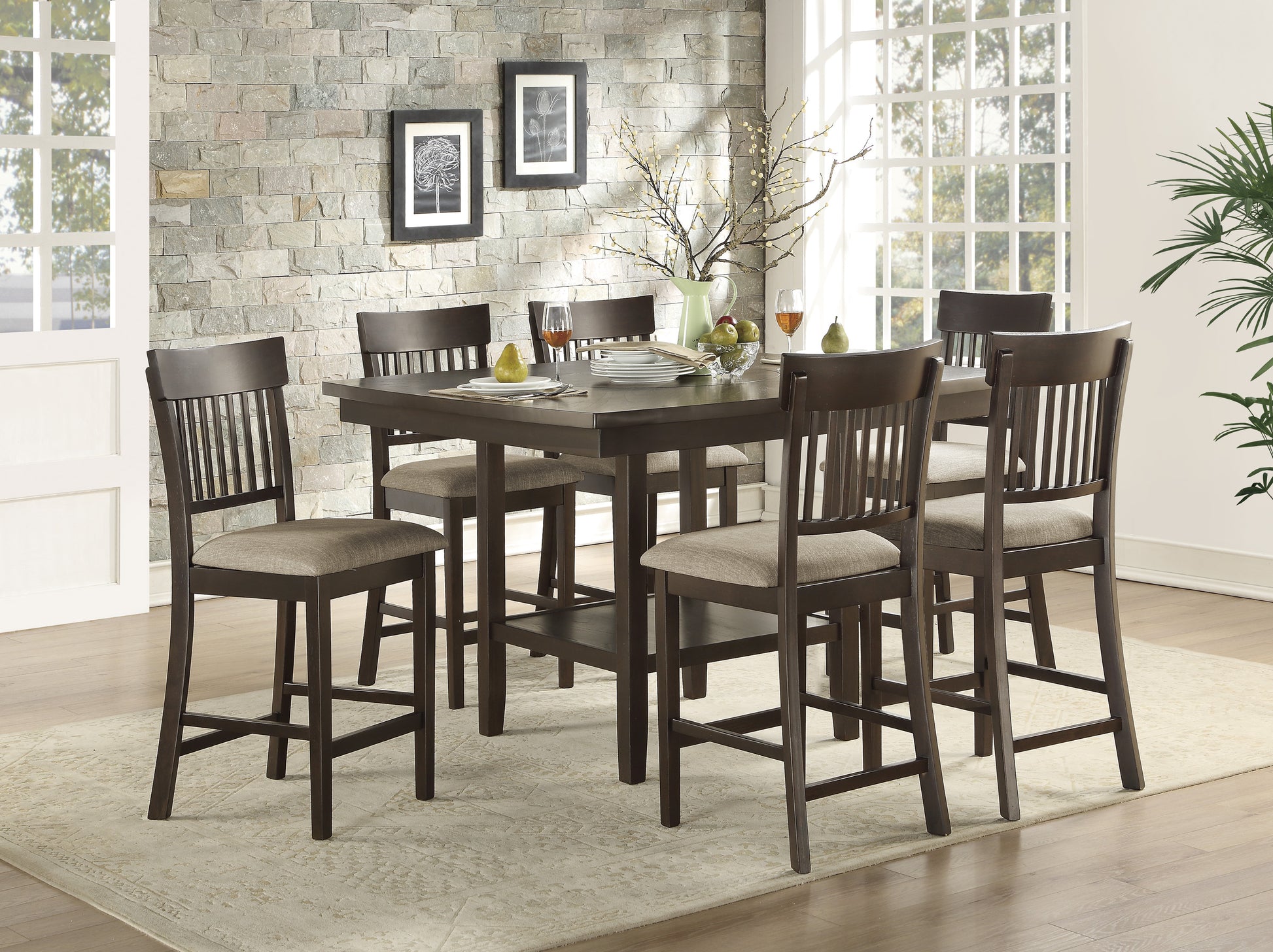 Dark wood dining set with cushioned stools for family meals
