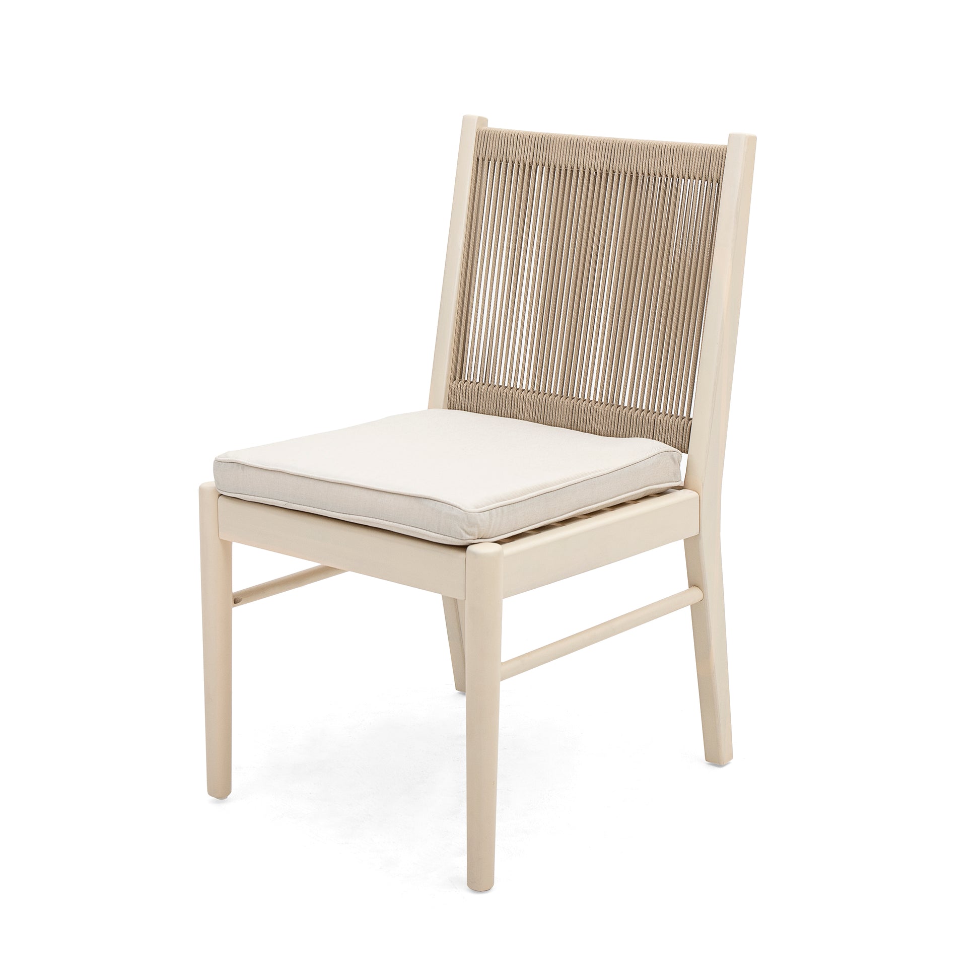 Light wood dining chair with woven rope back and cream seat cushion