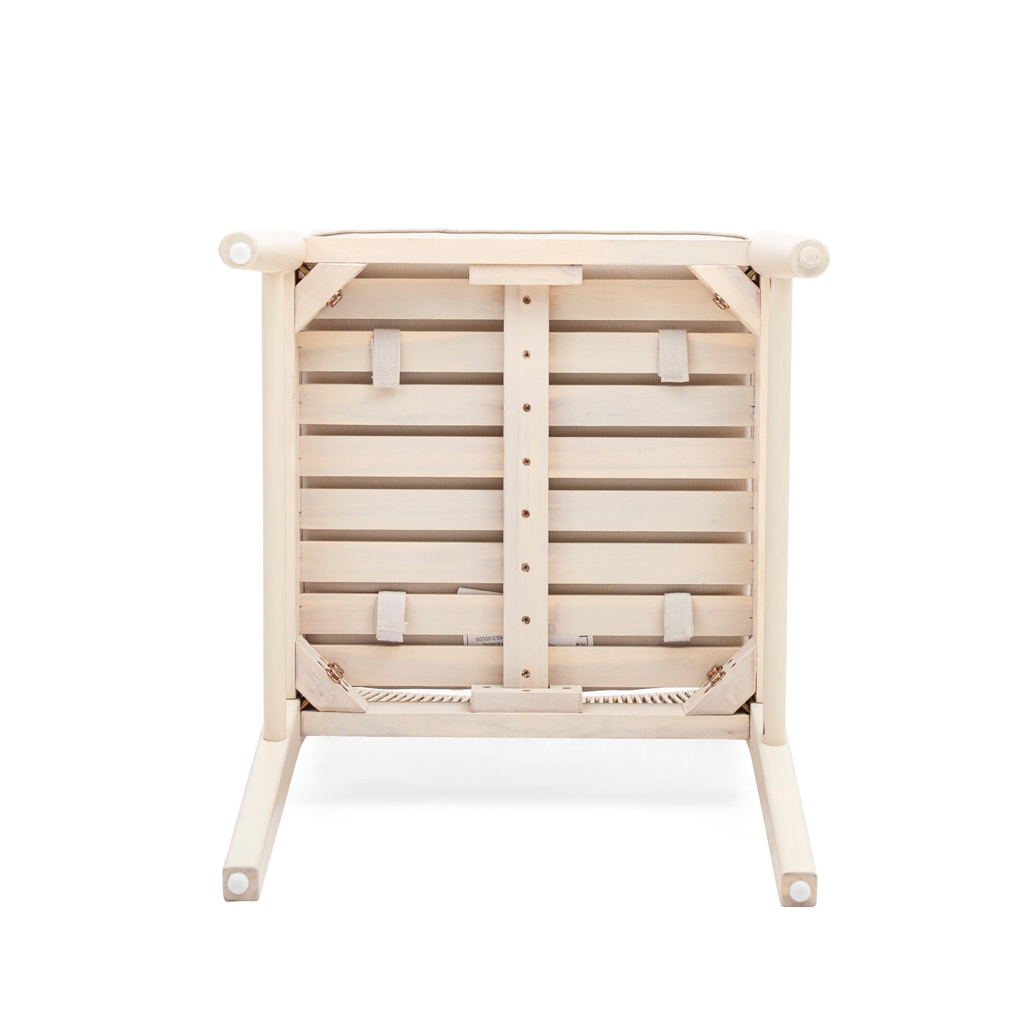 Underside of a light wood stool showing slatted seat support and creamcolored legs