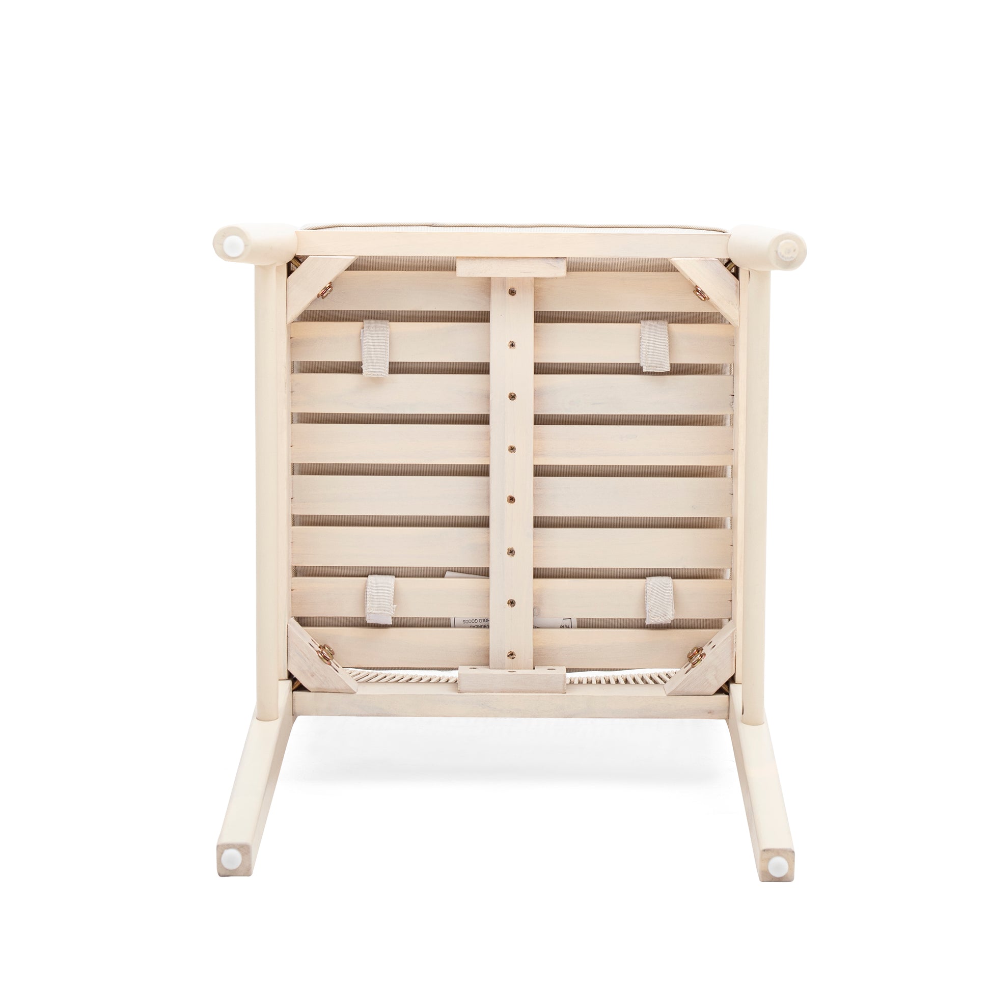 Underside of a light wood stool showing slatted seat support and creamcolored legs