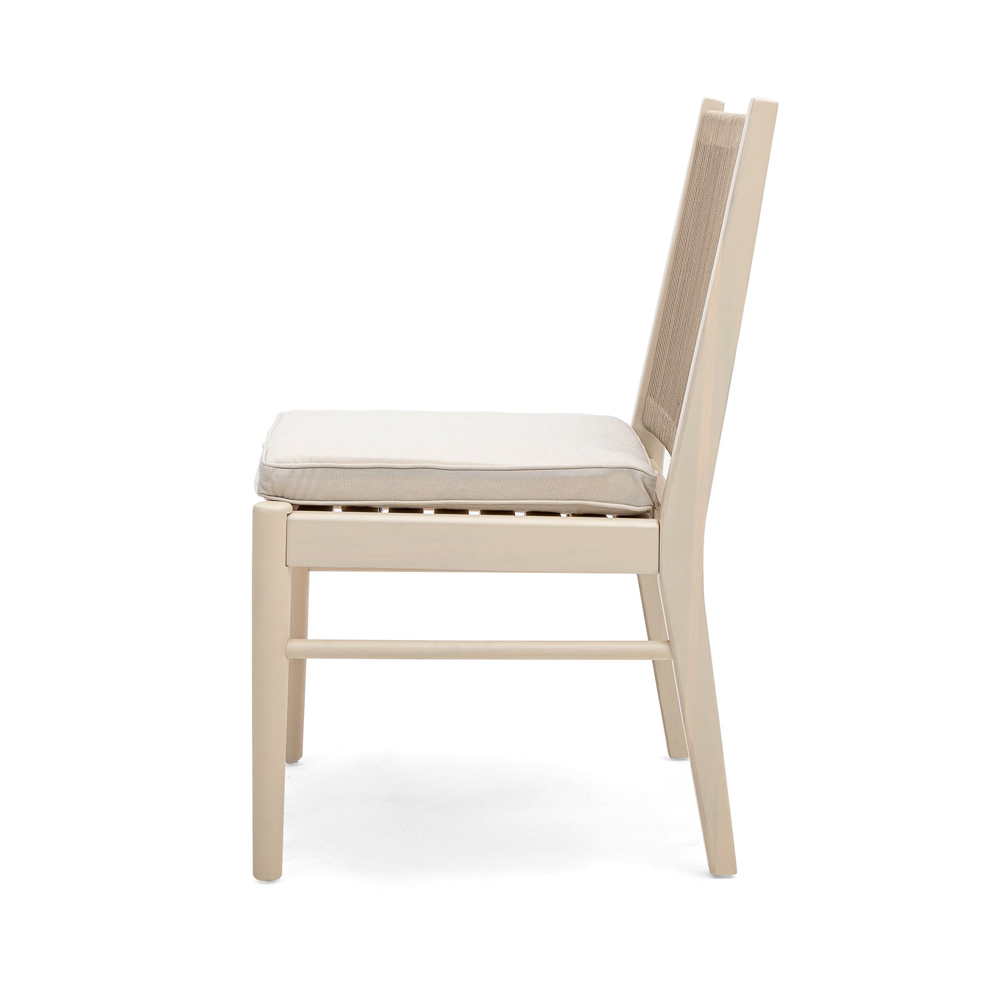 Light beige wood dining chair with woven back and comfortable seat cushion